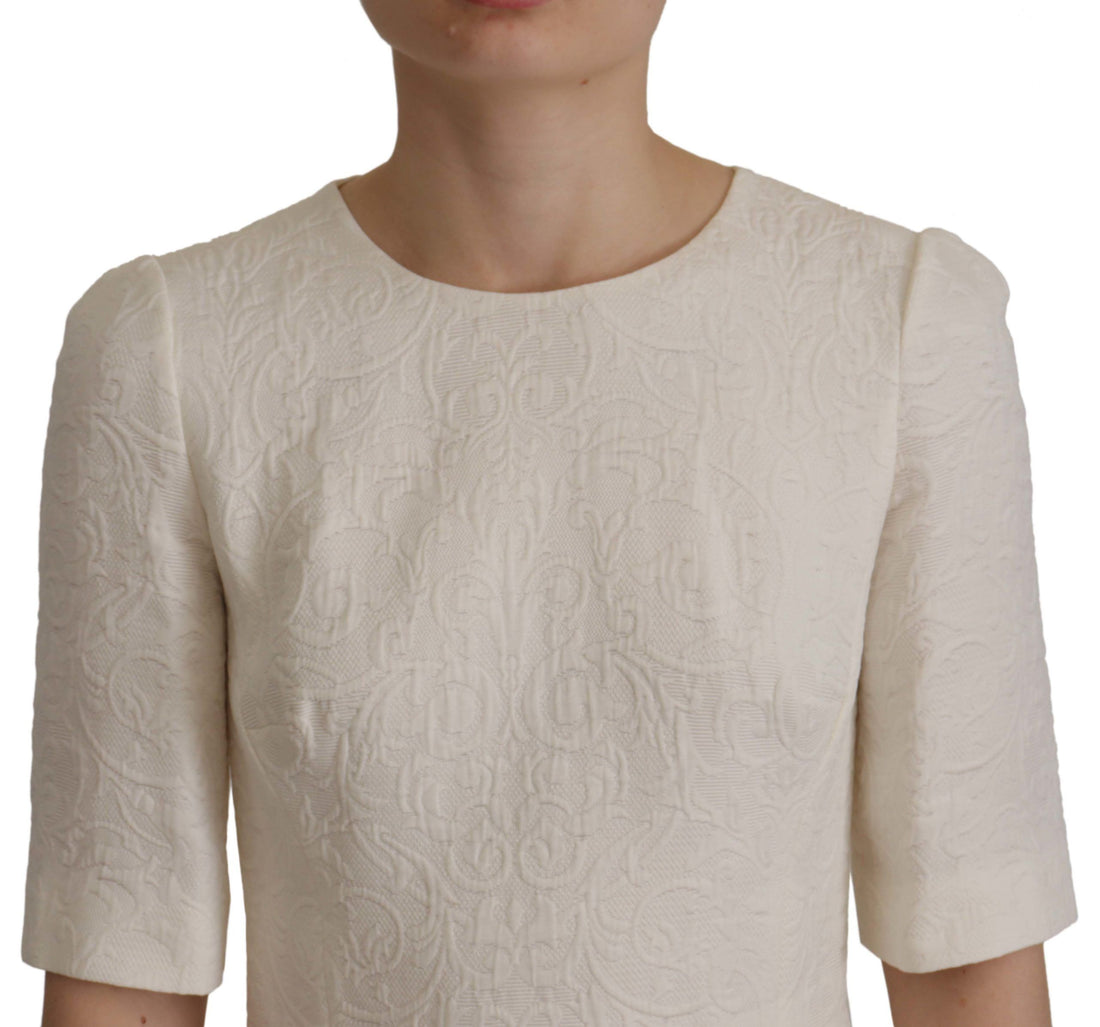 Dolce & Gabbana White Jaquard Midi Floral Sheath Brocade Dress - Whispers Of Wisdom Clothing