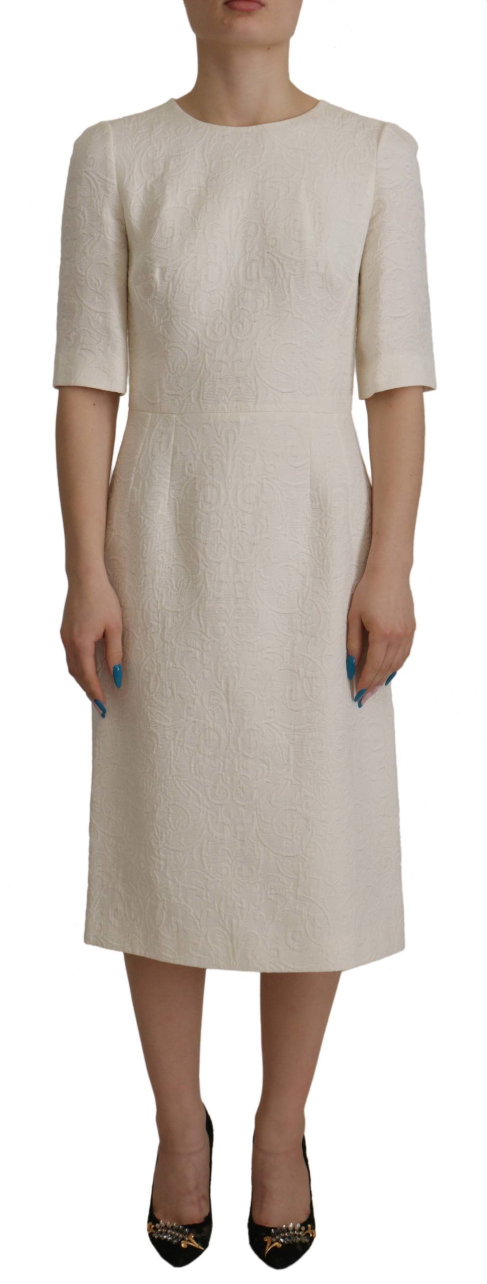 Dolce & Gabbana White Jaquard Midi Floral Sheath Brocade Dress - Whispers Of Wisdom Clothing