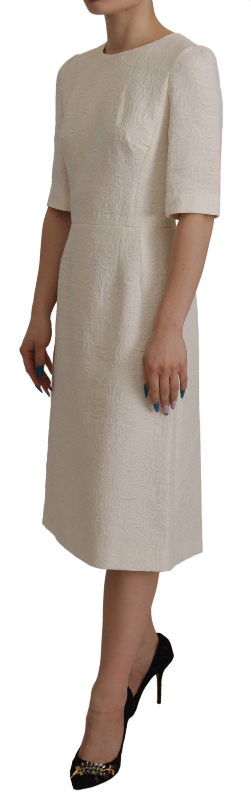Dolce & Gabbana White Jaquard Midi Floral Sheath Brocade Dress - Whispers Of Wisdom Clothing
