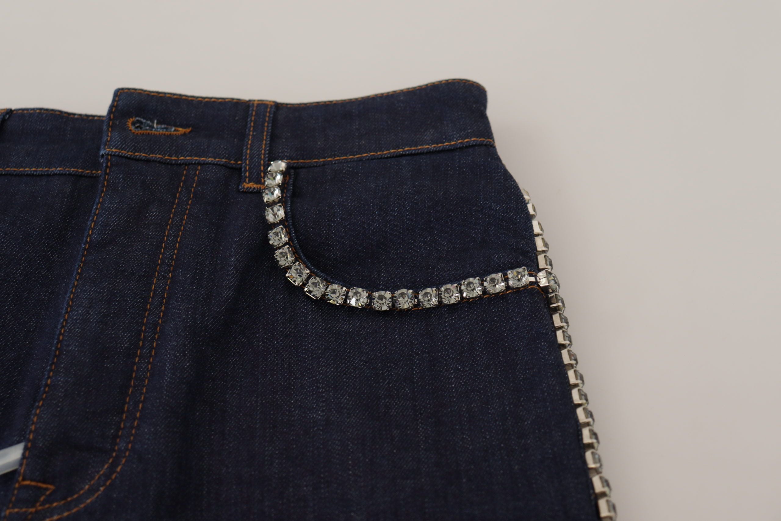 Dolce & Gabbana Blue Denim Stretch Crystal Hot Pants Shorts - Whispers Of Wisdom Clothing