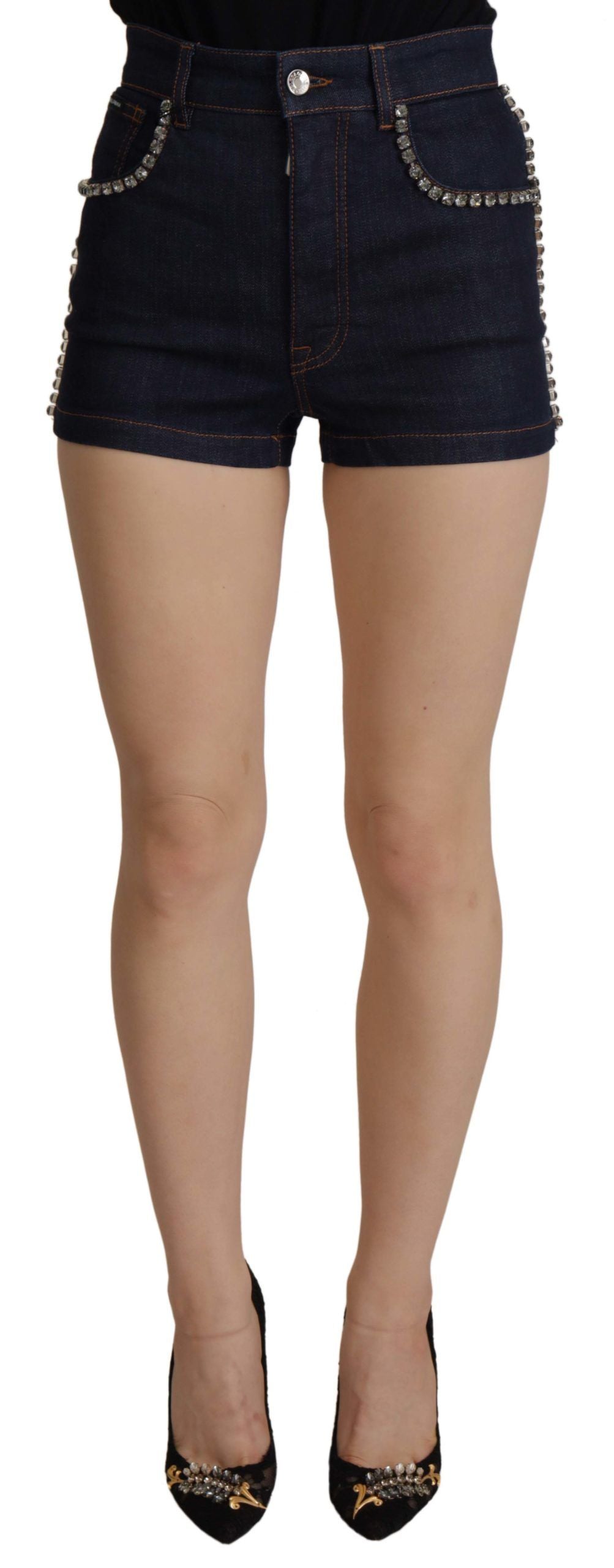 Dolce & Gabbana Blue Denim Stretch Crystal Hot Pants Shorts - Whispers Of Wisdom Clothing