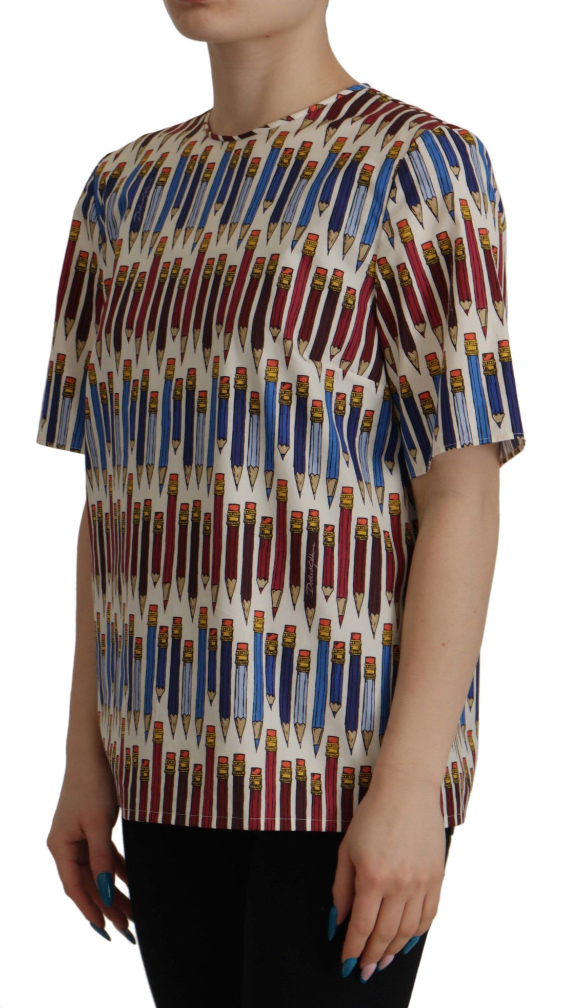 Dolce & Gabbana White Pencil Print Cotton T-shirt Blouse - Whispers Of Wisdom Clothing