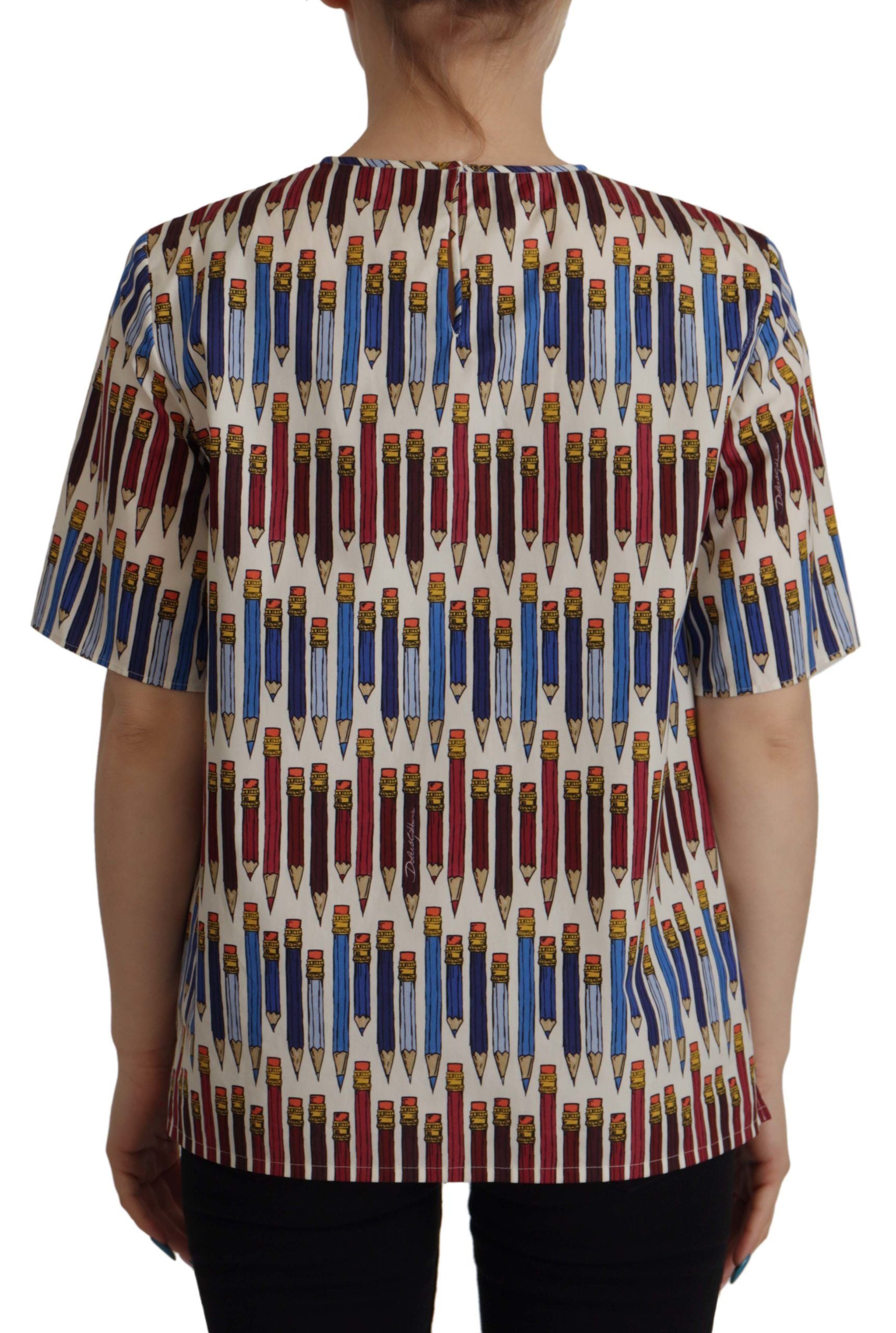 Dolce & Gabbana White Pencil Print Cotton T-shirt Blouse - Whispers Of Wisdom Clothing