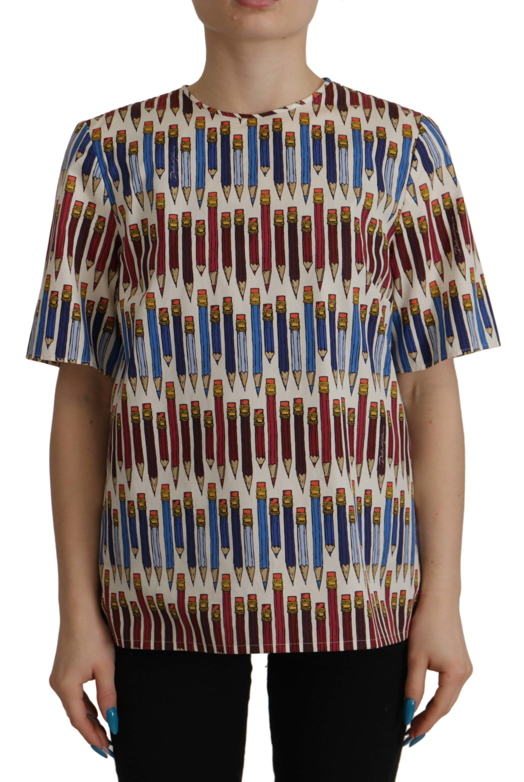 Dolce & Gabbana White Pencil Print Cotton T-shirt Blouse - Whispers Of Wisdom Clothing