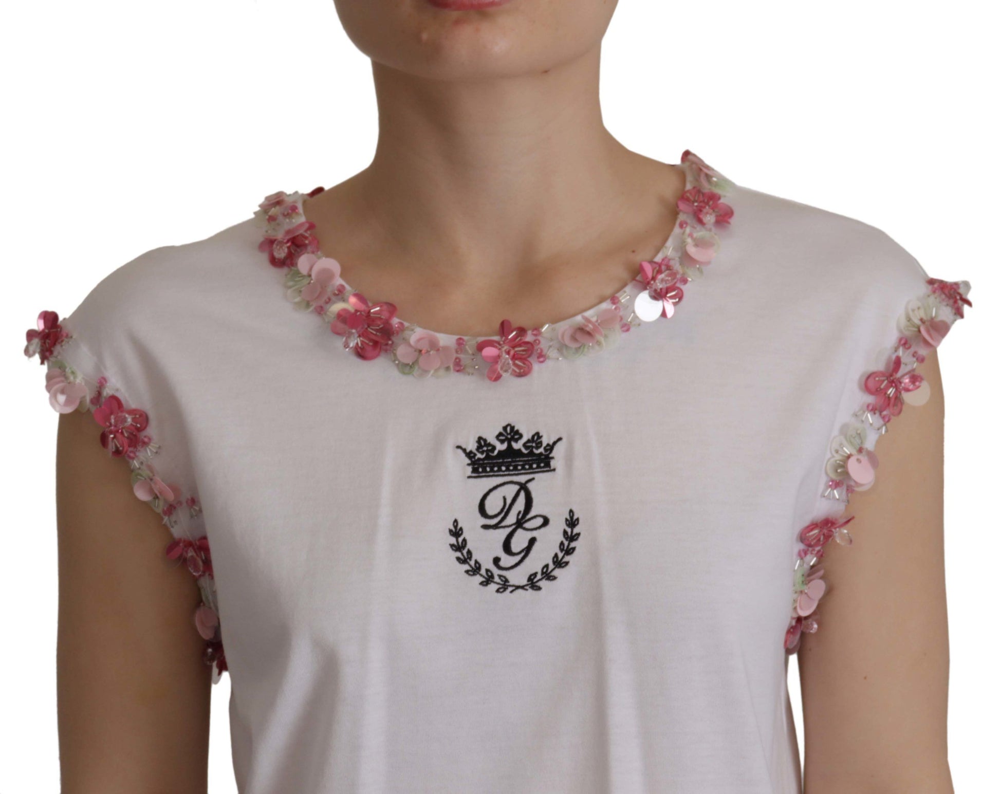 Dolce & Gabbana White DG Crown Floral Sequin T-shirt - Whispers Of Wisdom Clothing