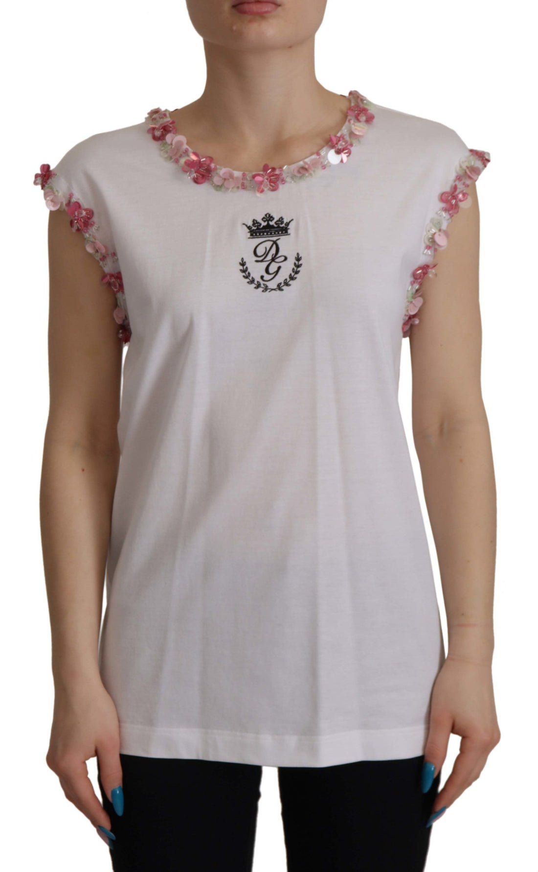 Dolce & Gabbana White DG Crown Floral Sequin T-shirt - Whispers Of Wisdom Clothing
