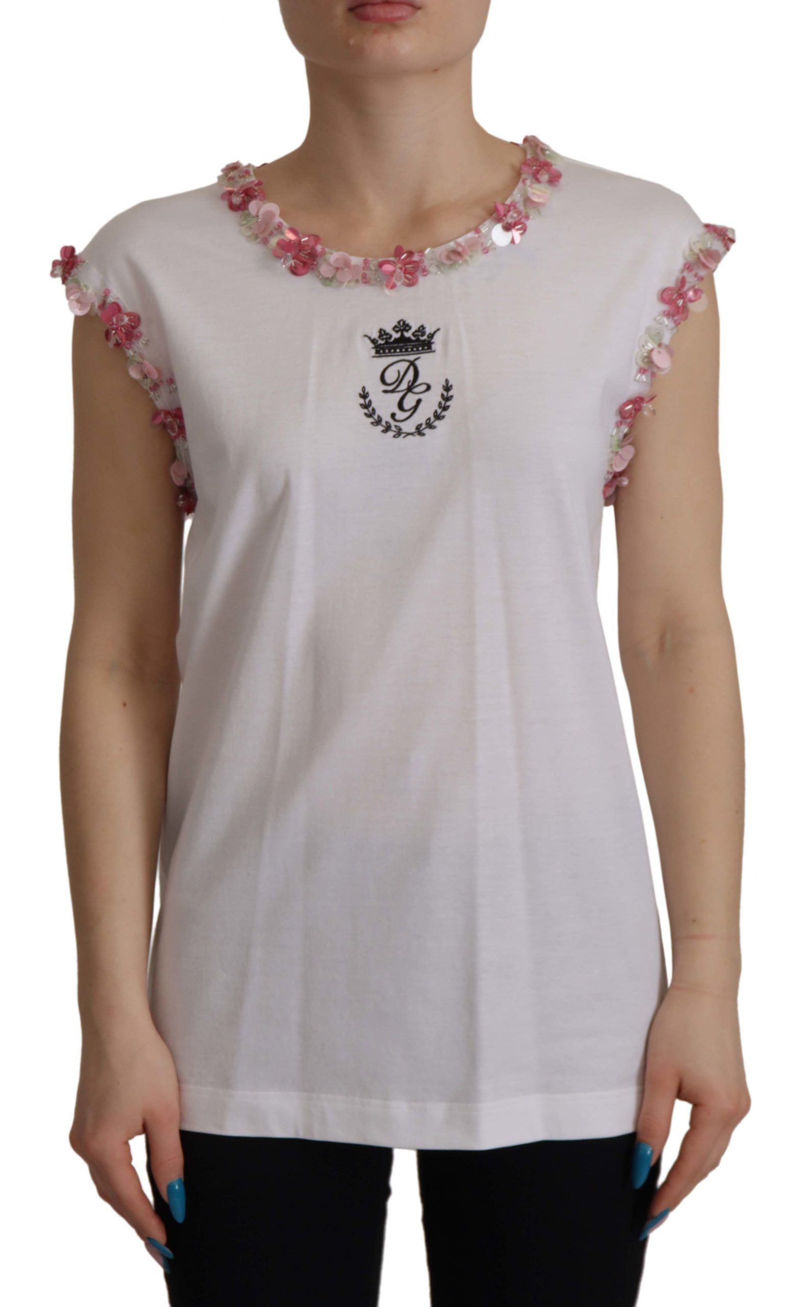 Dolce & Gabbana White DG Crown Floral Sequin T-shirt - Whispers Of Wisdom Clothing