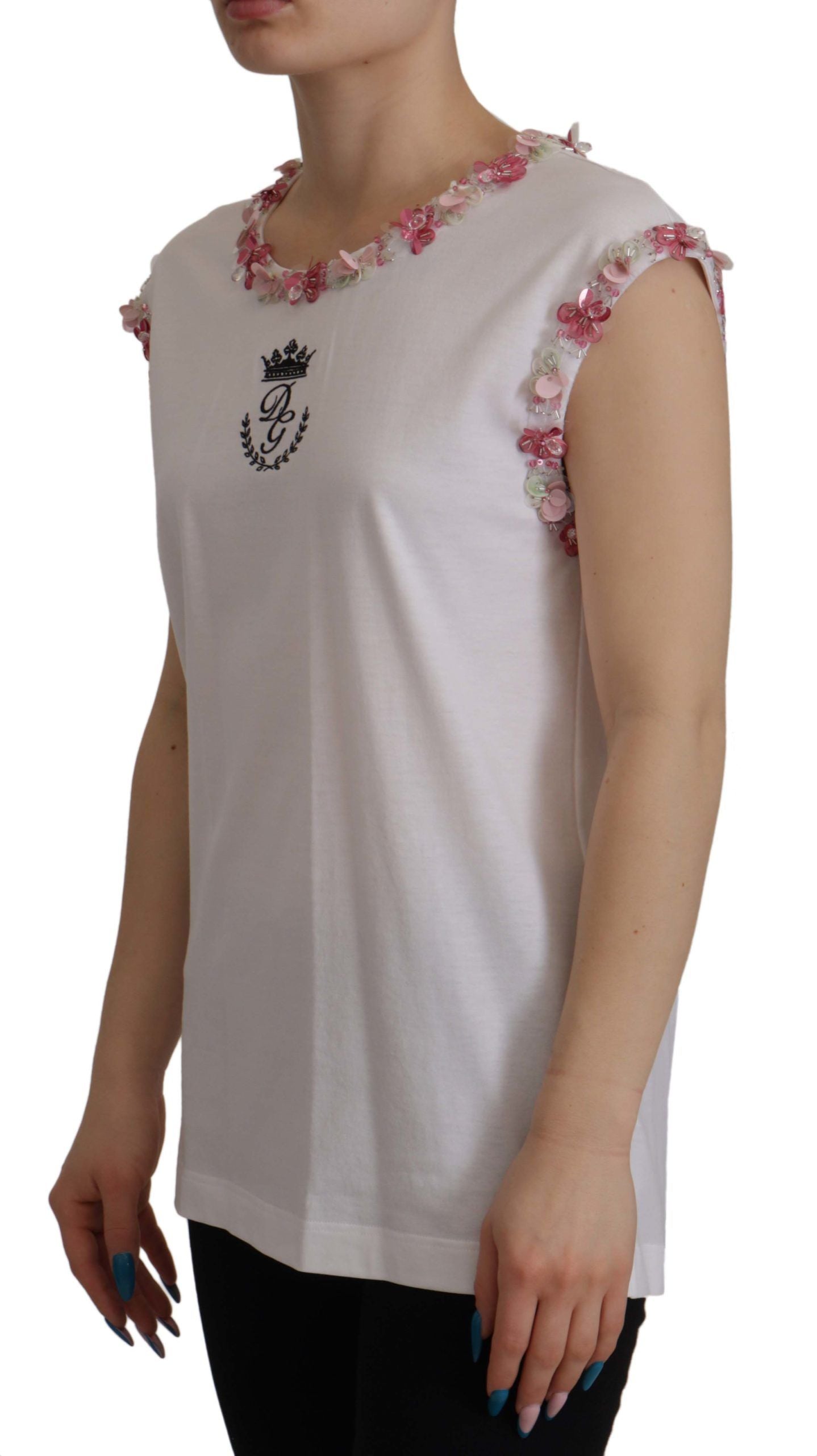 Dolce & Gabbana White DG Crown Floral Sequin T-shirt - Whispers Of Wisdom Clothing