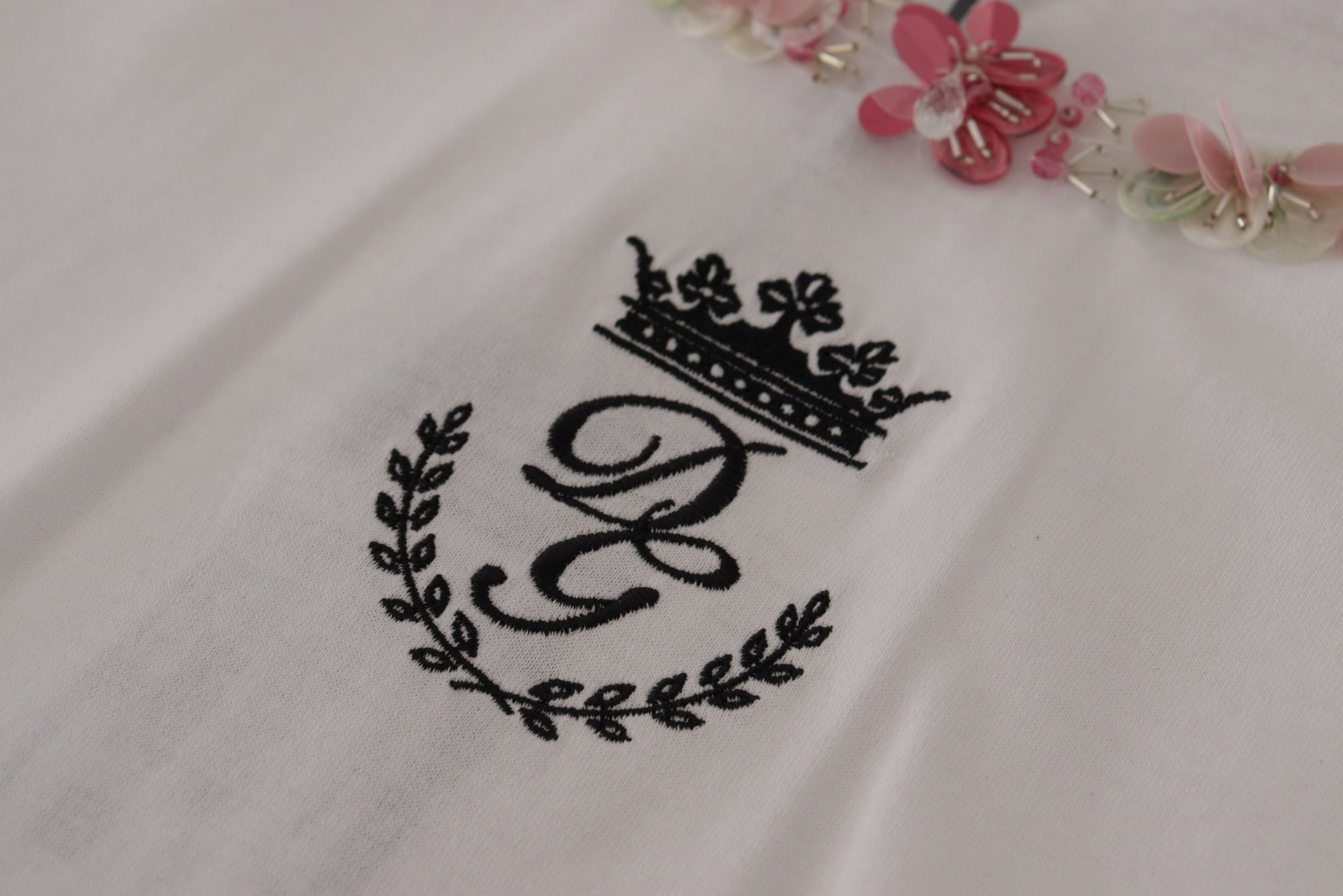 Dolce & Gabbana White DG Crown Floral Sequin T-shirt - Whispers Of Wisdom Clothing