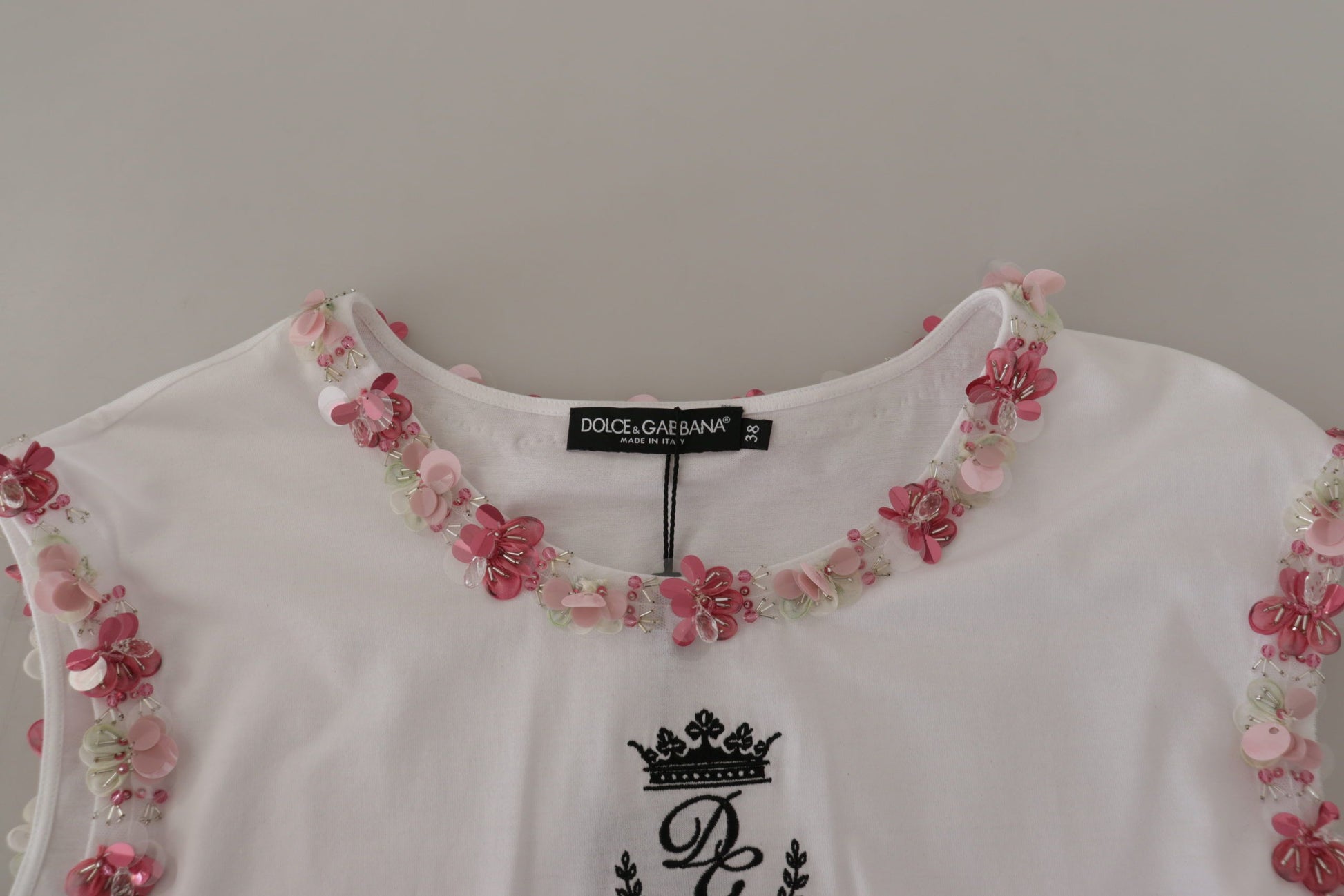Dolce & Gabbana White DG Crown Floral Sequin T-shirt - Whispers Of Wisdom Clothing