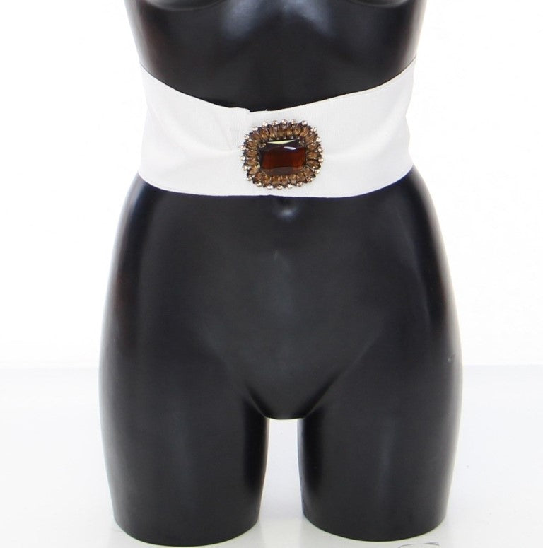 Dolce & Gabbana White Crystal Brass Wide Waist Runway Belt - Whispers Of Wisdom Clothing