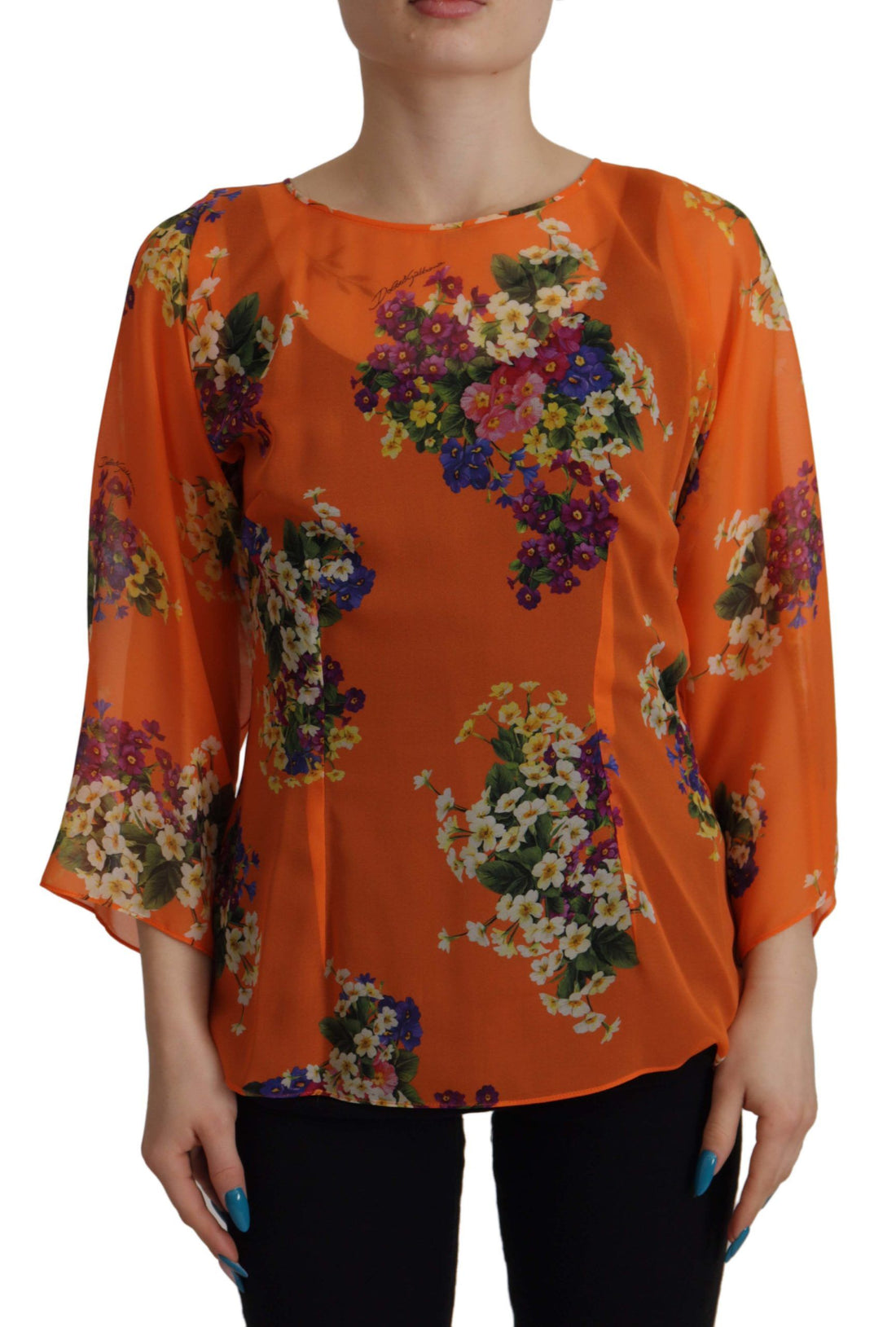 Dolce & Gabbana Orange Floral Print Long Sleeve Blouse - Whispers Of Wisdom Clothing