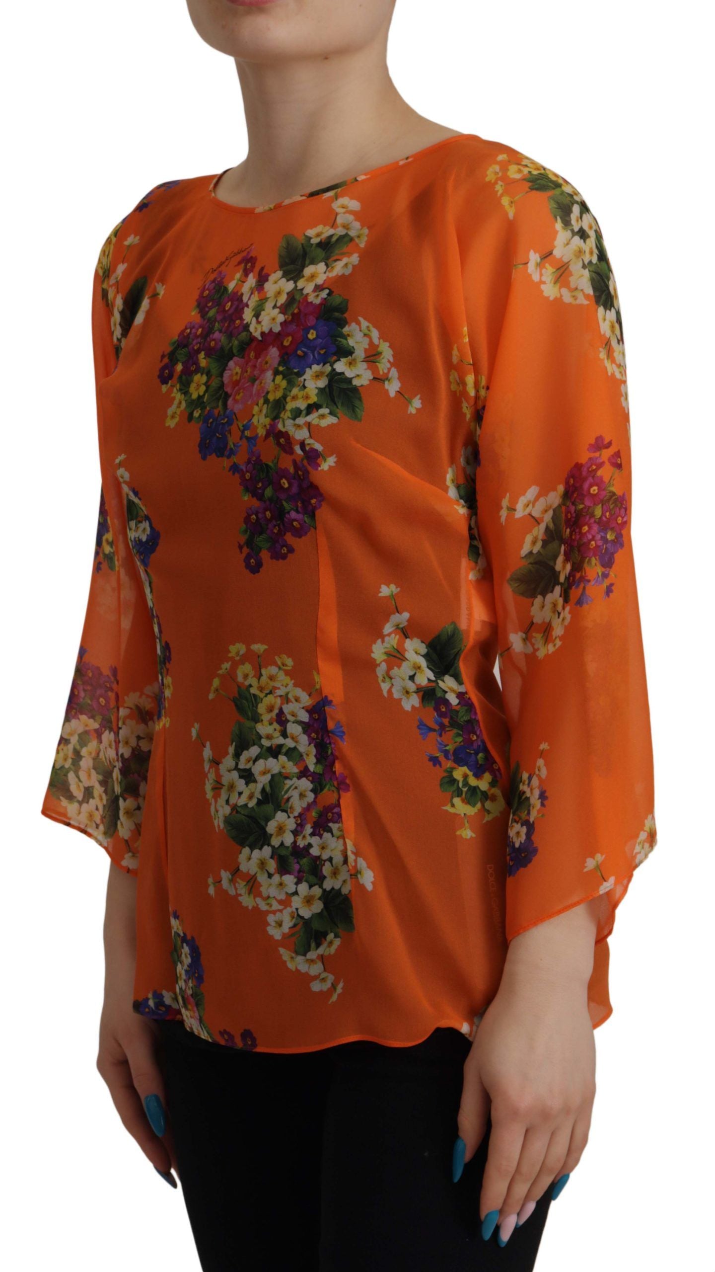 Dolce & Gabbana Orange Floral Print Long Sleeve Blouse - Whispers Of Wisdom Clothing
