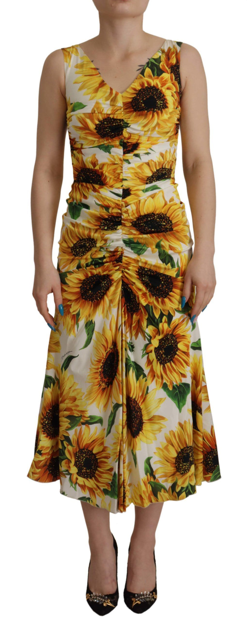 Dolce & Gabbana White Sunflower Print Sheath Midi Silk
