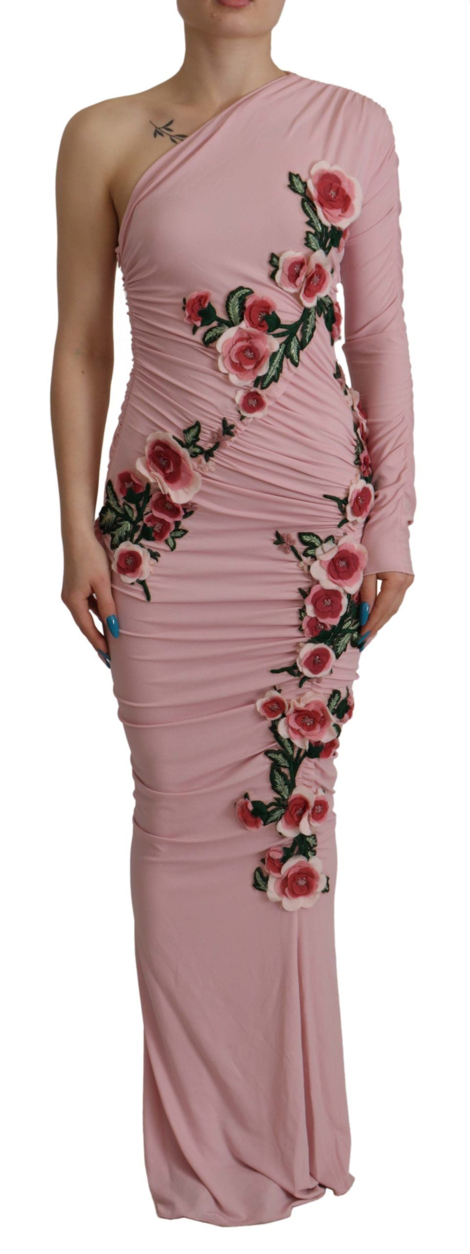 Dolce & Gabbana Pink Flower Embellished One Shoulder Dress - Whispers Of Wisdom Clothing