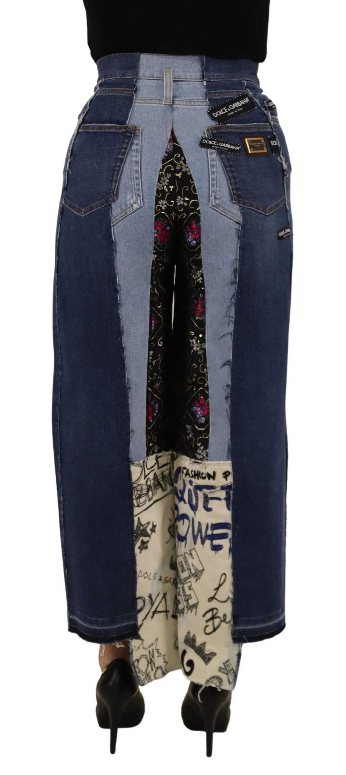 Dolce & Gabbana Multicolor Patchwork DG Fashion Wide Leg Denim Pant - Whispers Of Wisdom Clothing
