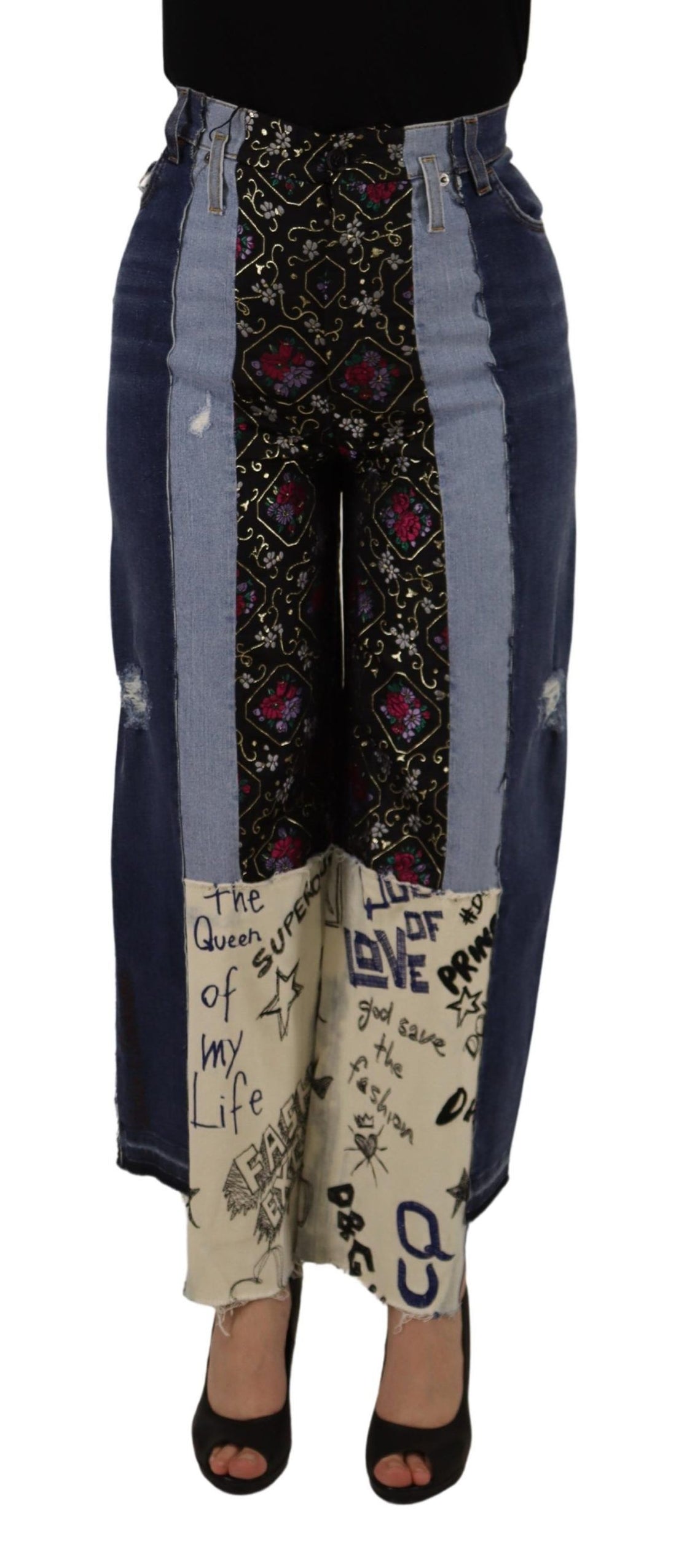 Dolce & Gabbana Multicolor Patchwork DG Fashion Wide Leg Denim Pant - Whispers Of Wisdom Clothing