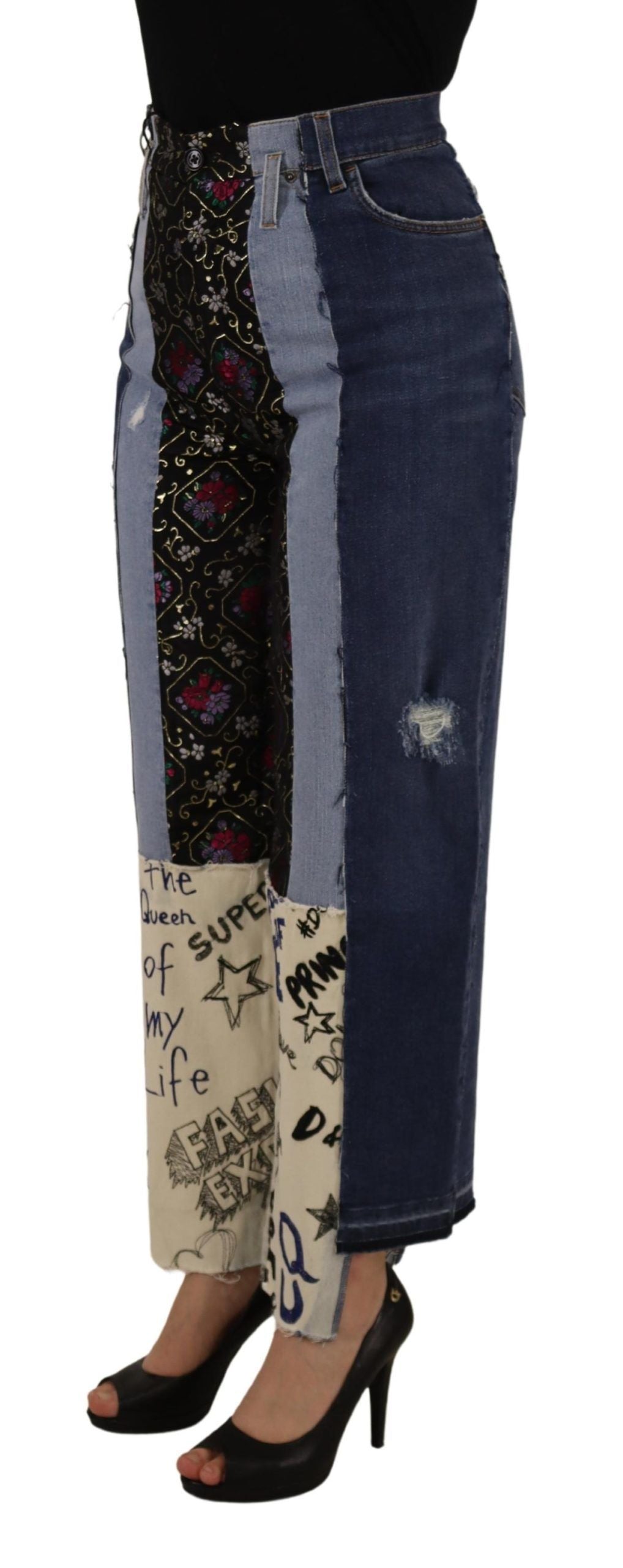 Dolce & Gabbana Multicolor Patchwork DG Fashion Wide Leg Denim Pant - Whispers Of Wisdom Clothing