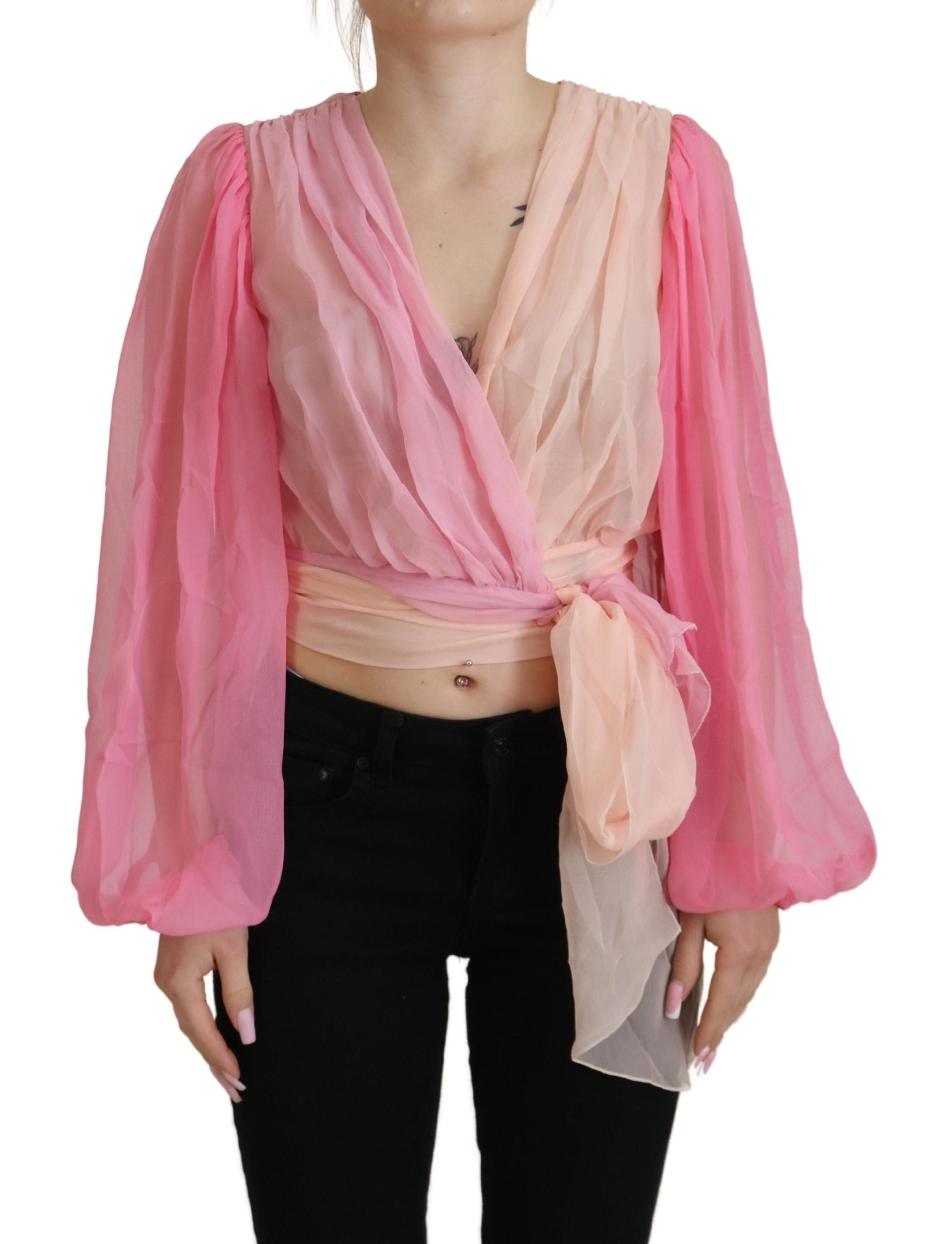Dolce & Gabbana Pink Silk Wrap Long Sleeves Blouse Top - Whispers Of Wisdom Clothing
