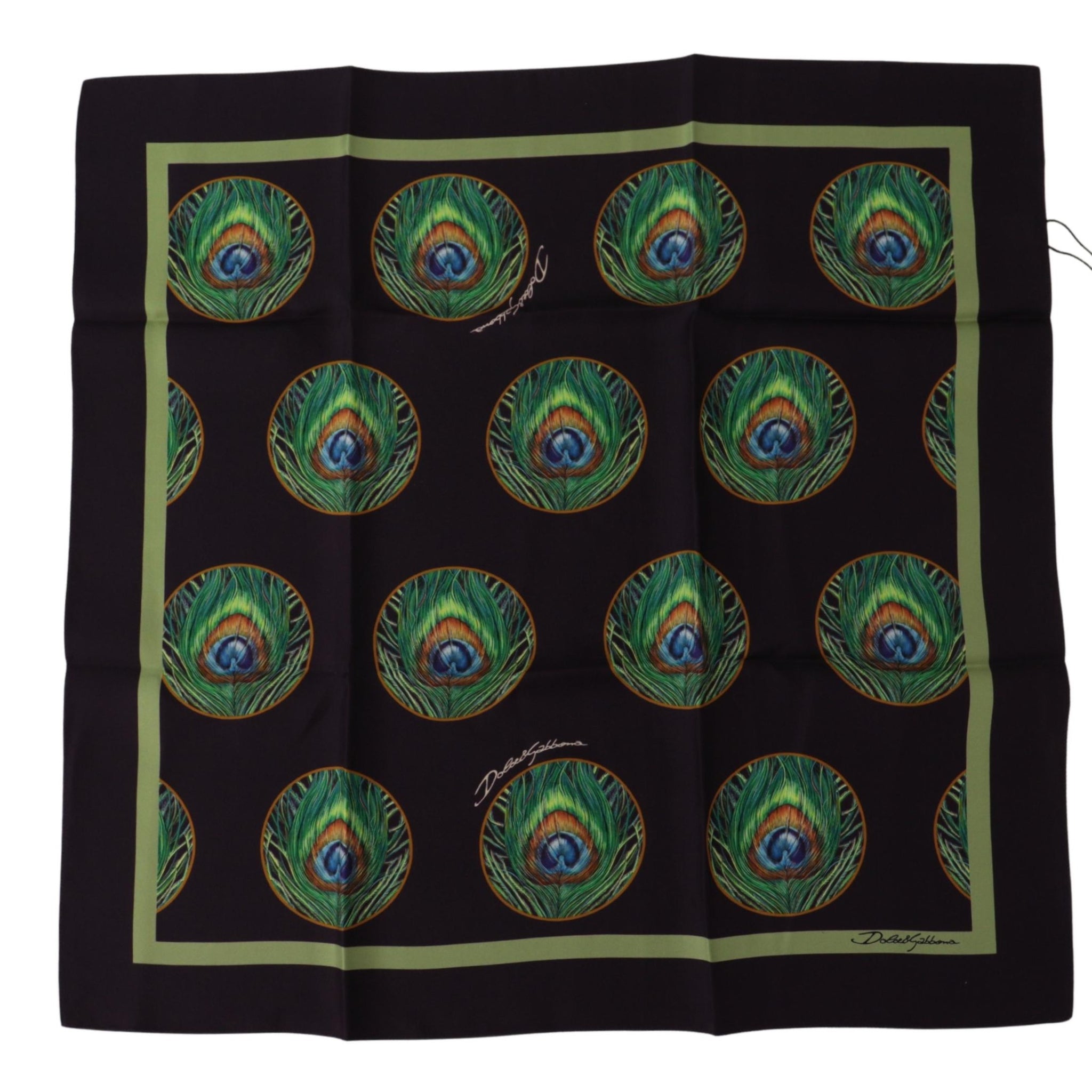 Dolce & Gabbana Black Peacock Feather DG Printed Square Handkerchief Scarf