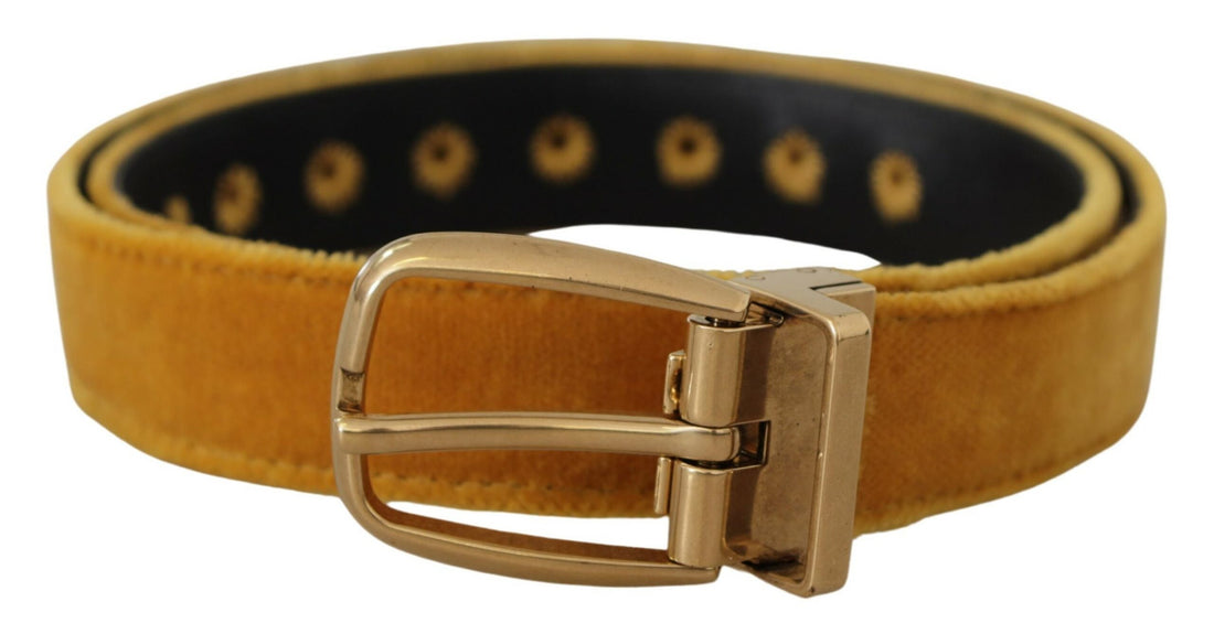 Dolce & Gabbana Mustard Velvet Gold Logo Engraved Metal Buckle Belt - Whispers Of Wisdom Clothing