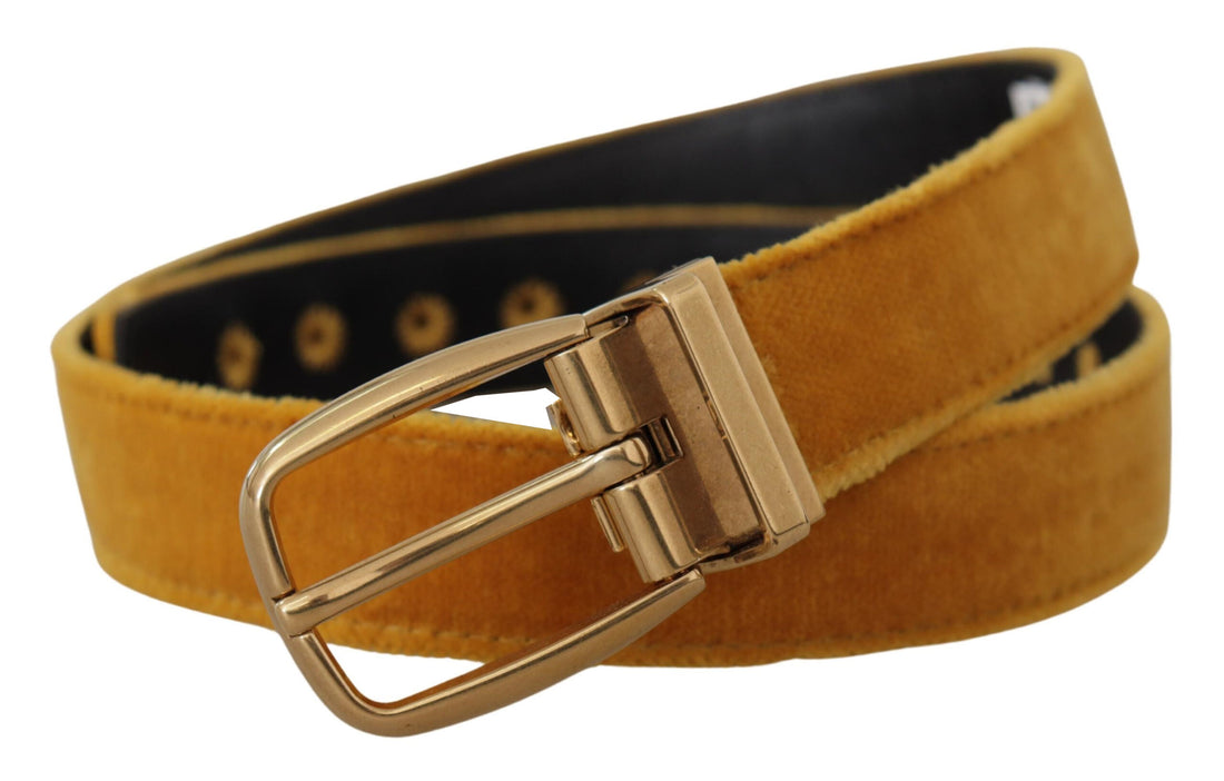 Dolce & Gabbana Mustard Velvet Gold Logo Engraved Metal Buckle Belt - Whispers Of Wisdom Clothing