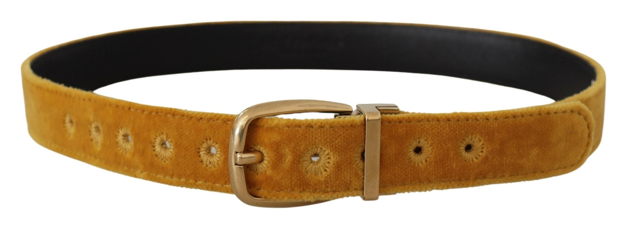 Dolce & Gabbana Mustard Velvet Gold Logo Engraved Metal Buckle Belt - Whispers Of Wisdom Clothing