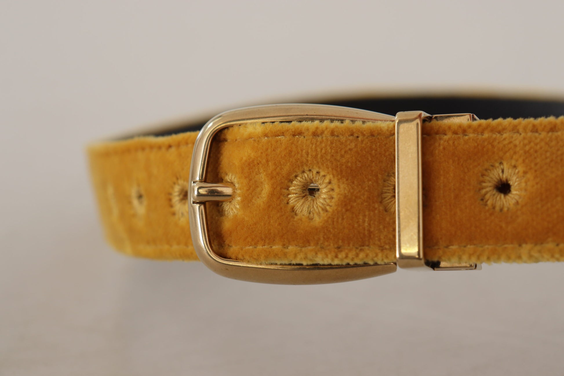 Dolce & Gabbana Mustard Velvet Gold Logo Engraved Metal Buckle Belt - Whispers Of Wisdom Clothing