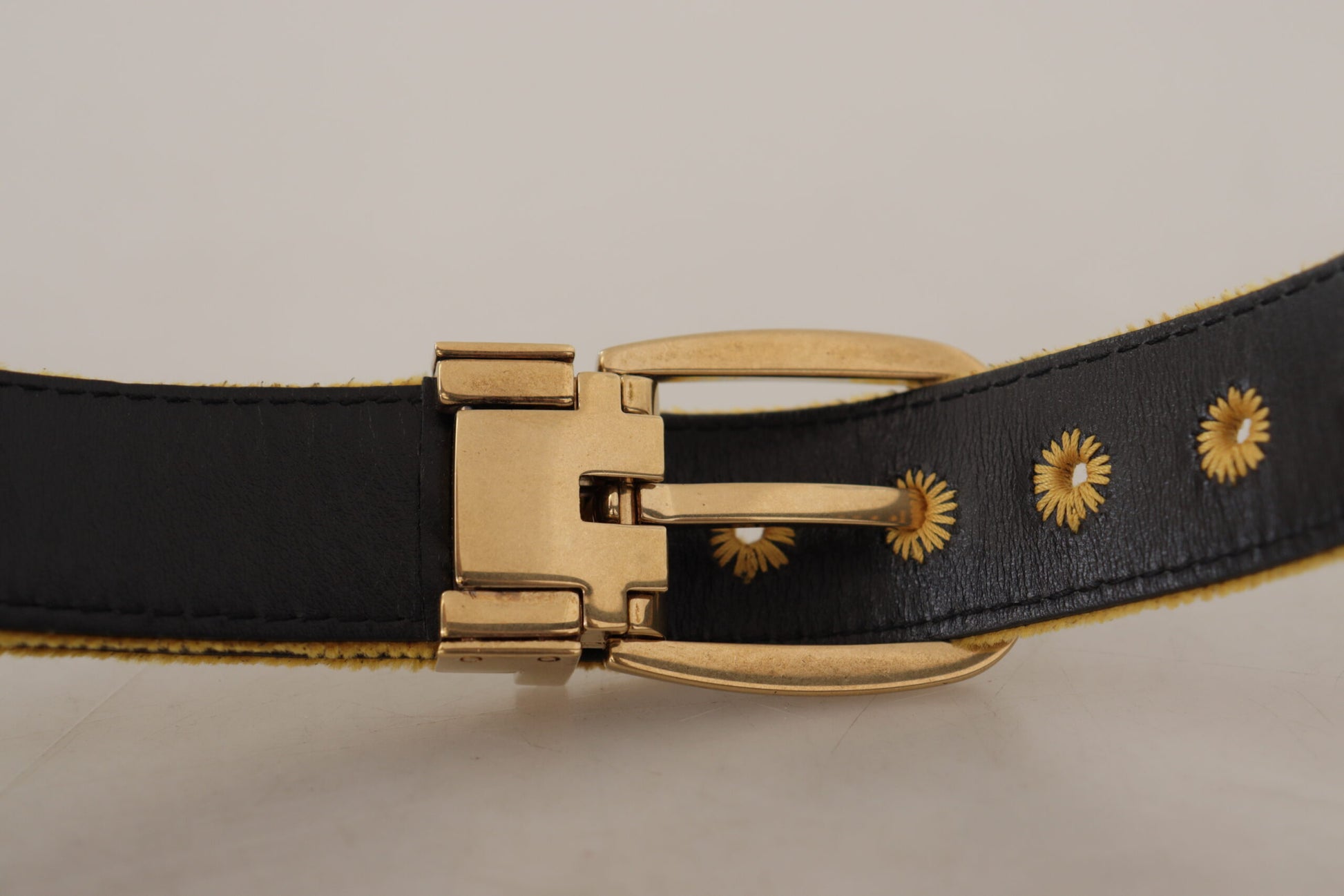 Dolce & Gabbana Mustard Velvet Gold Logo Engraved Metal Buckle Belt - Whispers Of Wisdom Clothing