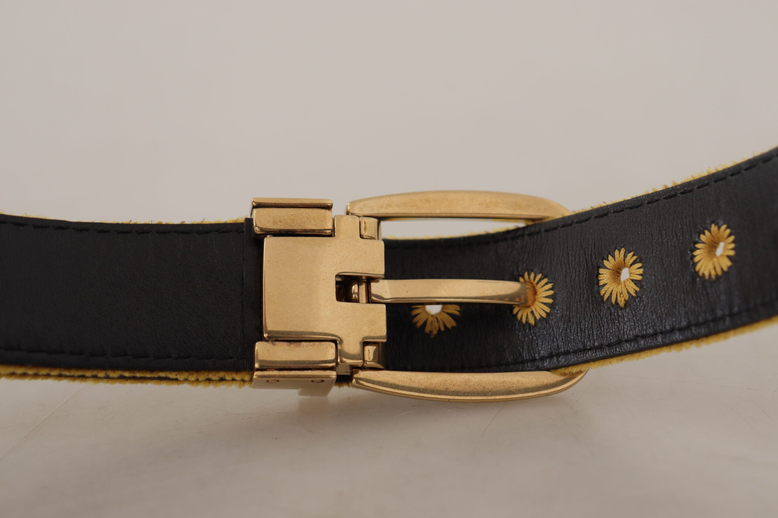 Dolce & Gabbana Mustard Velvet Gold Logo Engraved Metal Buckle Belt - Whispers Of Wisdom Clothing