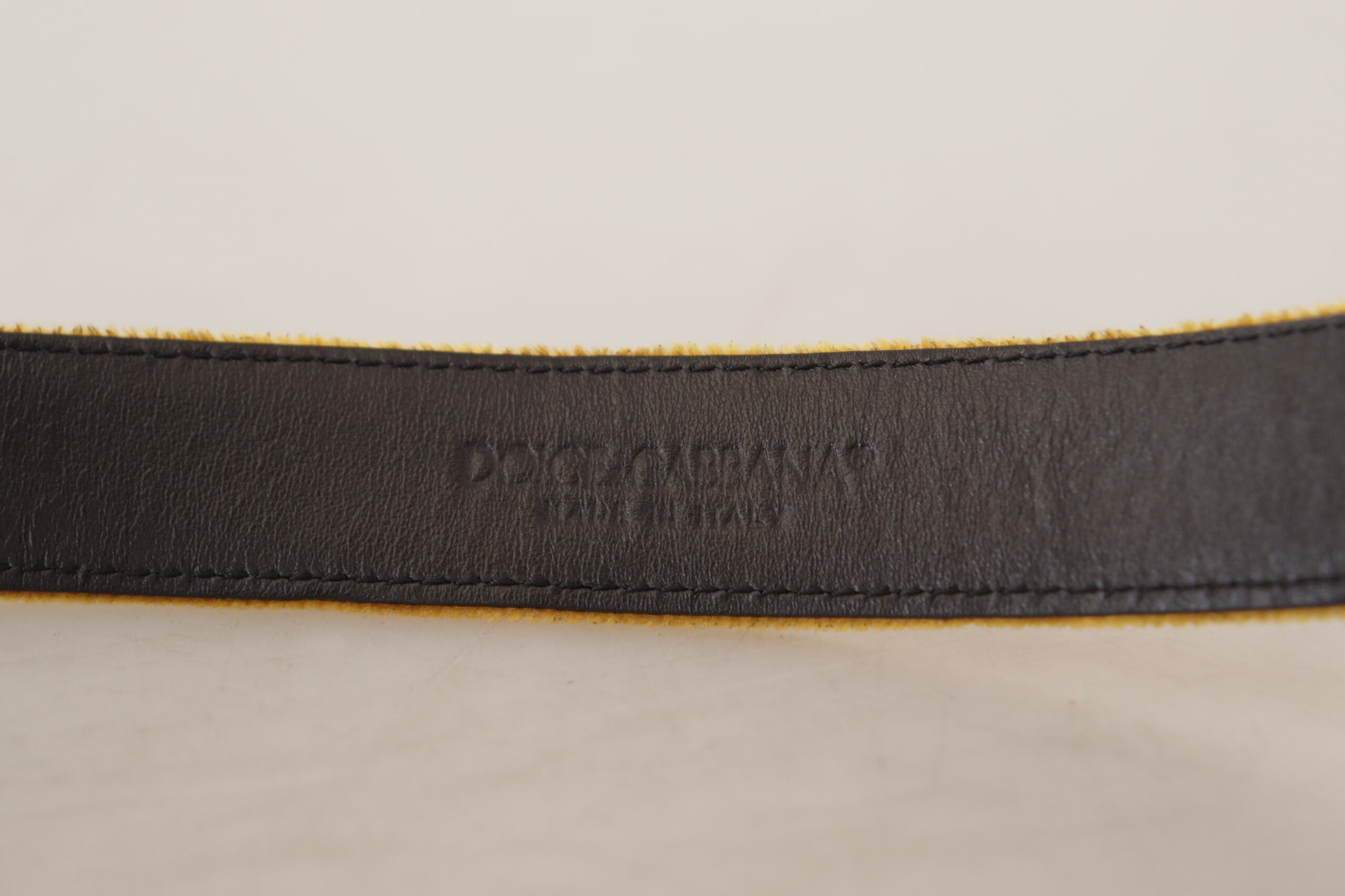 Dolce & Gabbana Mustard Velvet Gold Logo Engraved Metal Buckle Belt - Whispers Of Wisdom Clothing
