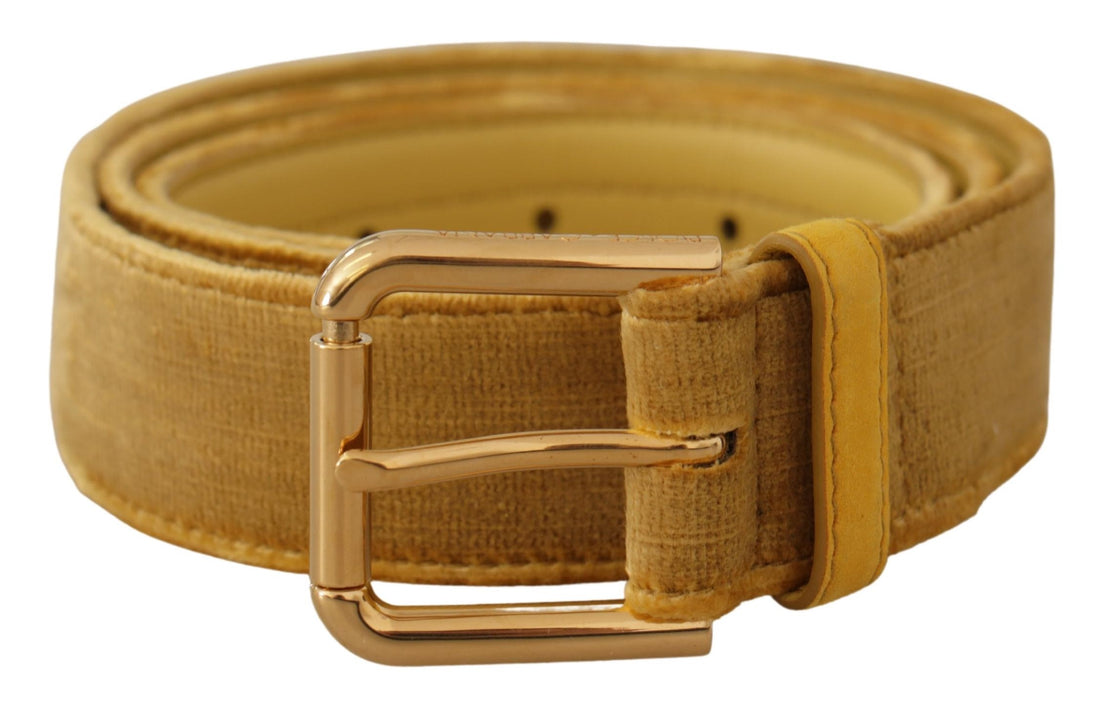 Dolce & Gabbana Yellow Velvet Gold Metal Logo Engraved Buckle Belt - Whispers Of Wisdom Clothing