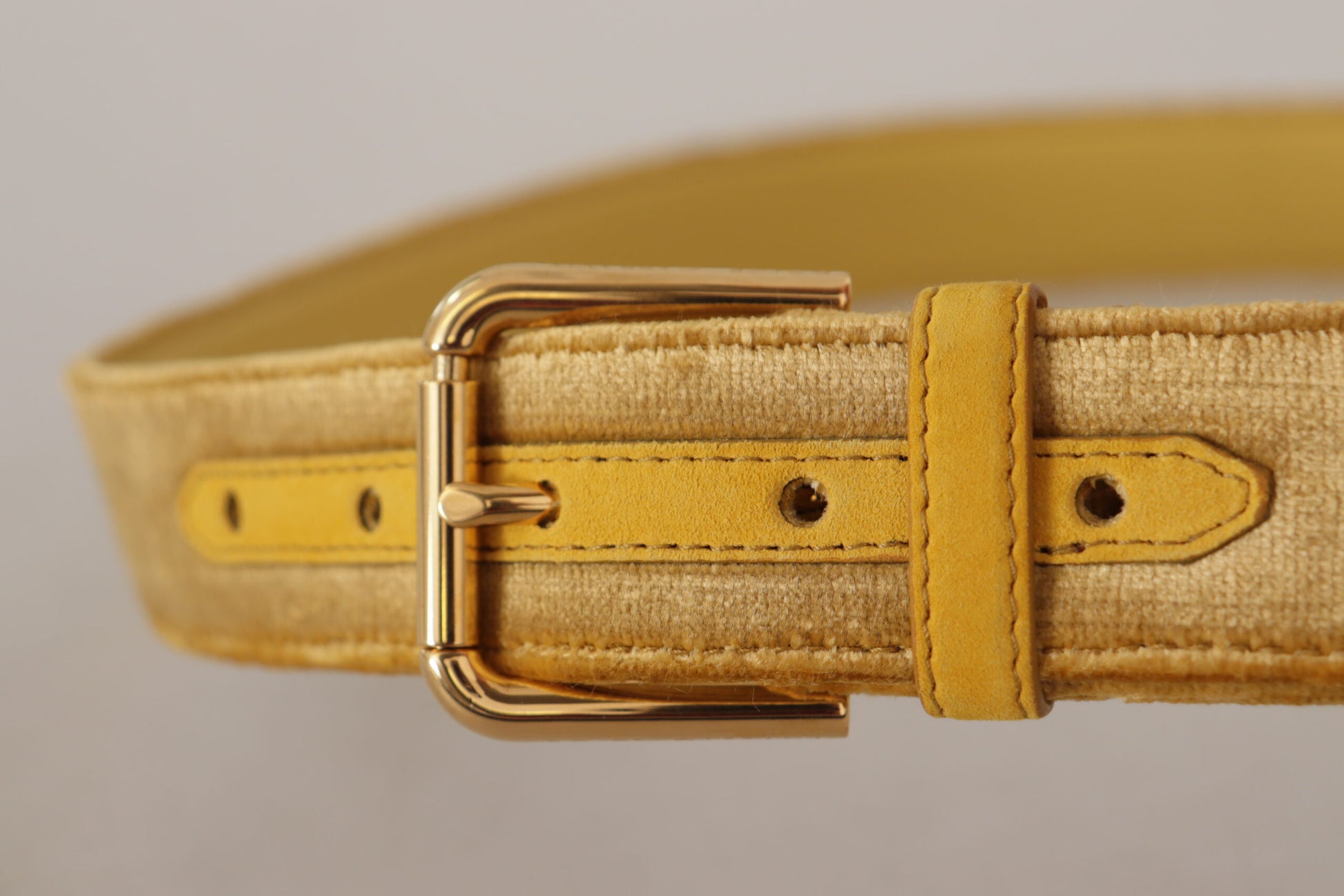 Dolce & Gabbana Yellow Velvet Gold Metal Logo Engraved Buckle Belt - Whispers Of Wisdom Clothing