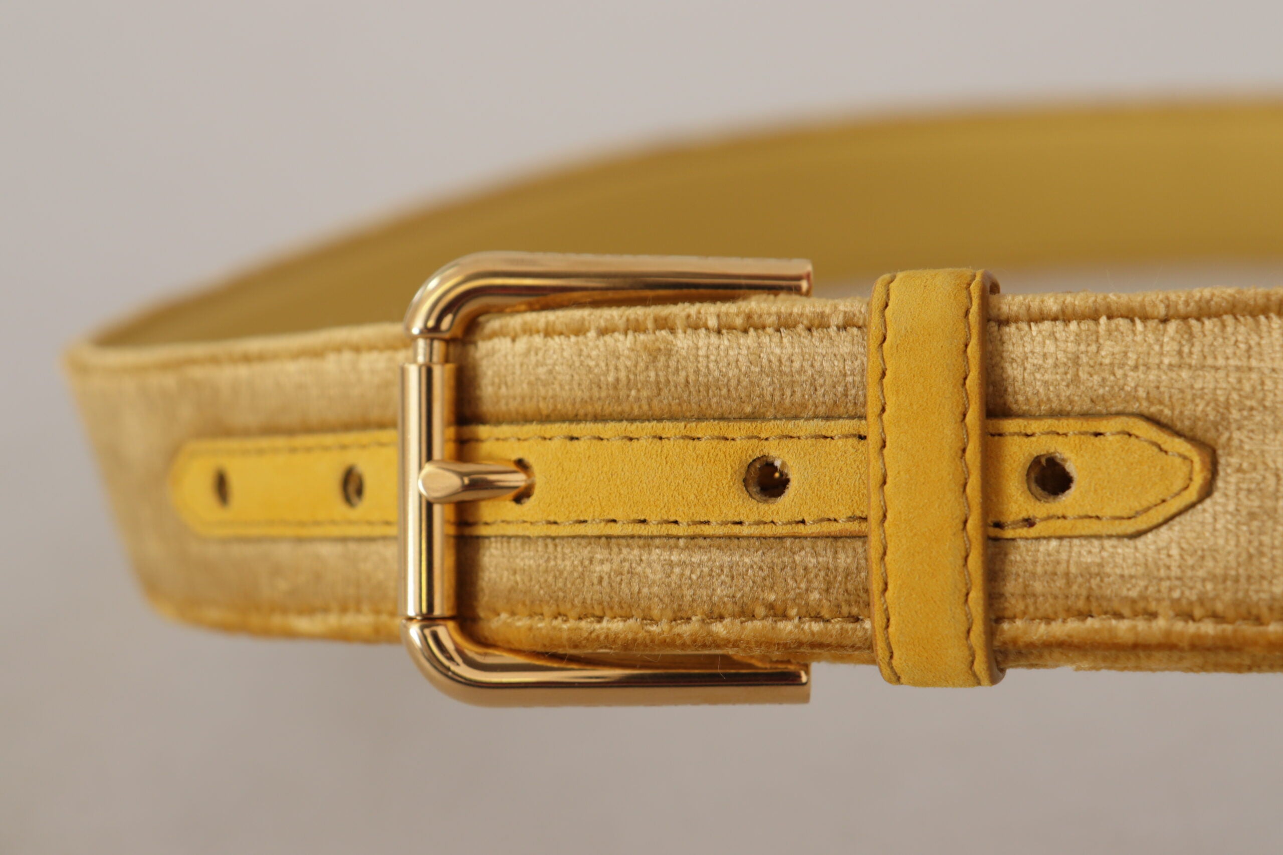 Dolce & Gabbana Yellow Velvet Gold Metal Logo Engraved Buckle Belt - Whispers Of Wisdom Clothing