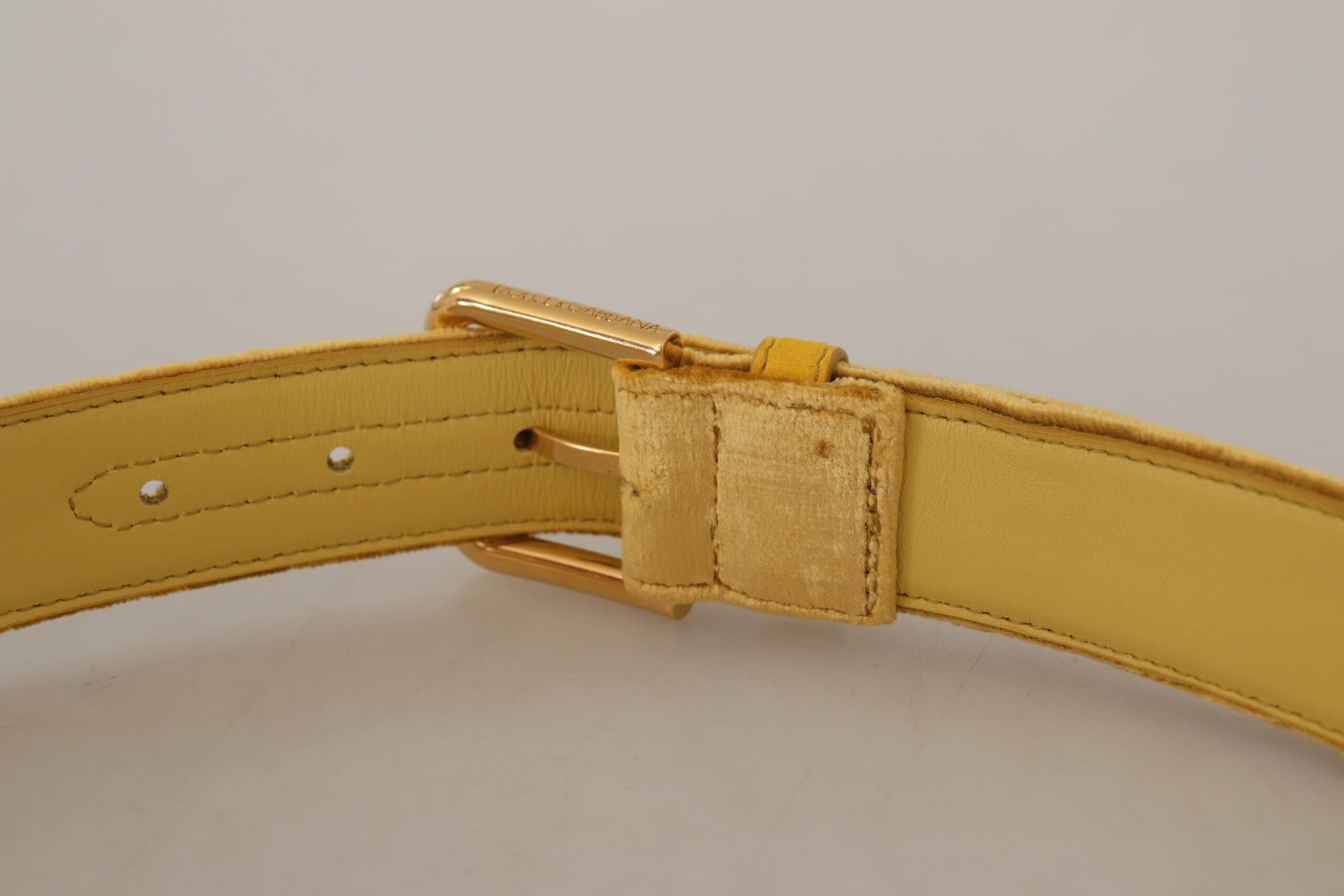 Dolce & Gabbana Yellow Velvet Gold Metal Logo Engraved Buckle Belt - Whispers Of Wisdom Clothing