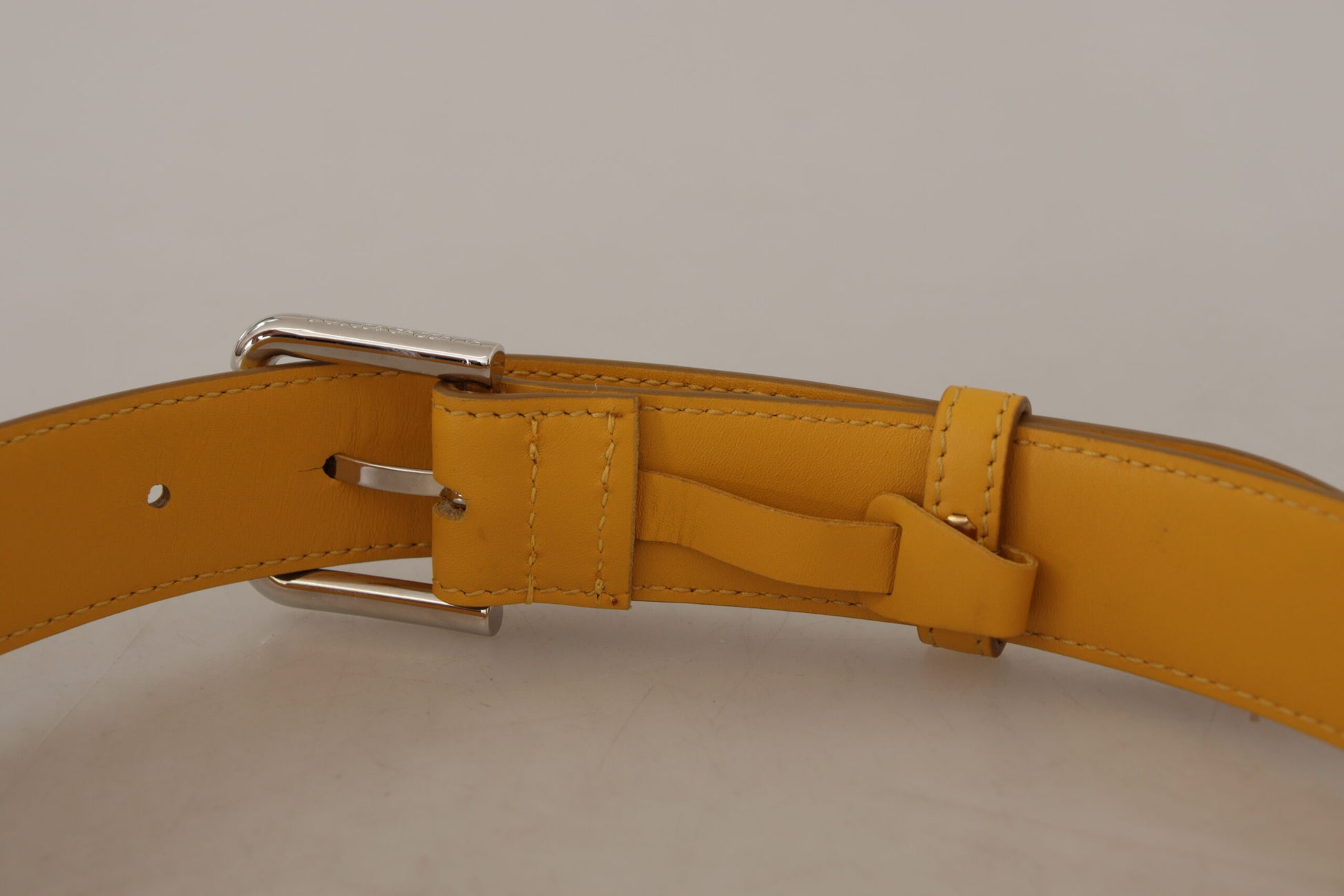 Dolce & Gabbana Yellow Leather Silver Tone Logo Metal Buckle Belt - Whispers Of Wisdom Clothing