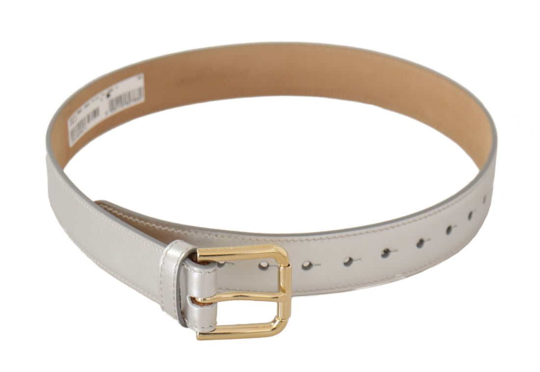 Dolce & Gabbana Silver Leather Gold Tone Logo Metal Buckle Belt - Whispers Of Wisdom Clothing