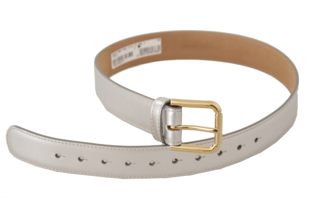 Dolce & Gabbana Silver Leather Gold Tone Logo Metal Buckle Belt - Whispers Of Wisdom Clothing