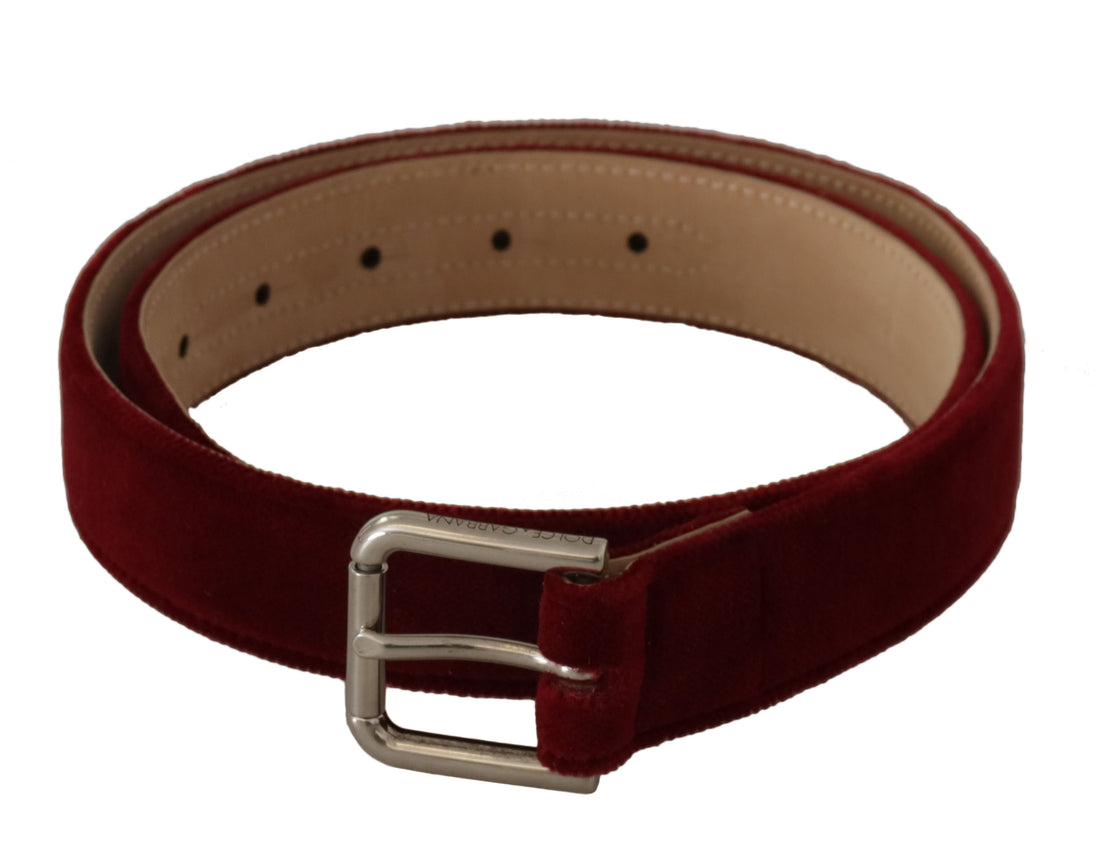 Dolce & Gabbana Red Velvet Silver Logo Engraved Metal Buckle Belt - Whispers Of Wisdom Clothing