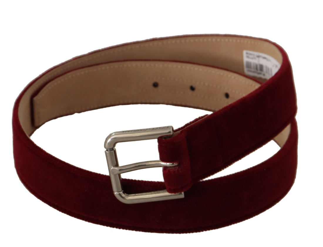Dolce & Gabbana Red Velvet Silver Logo Engraved Metal Buckle Belt - Whispers Of Wisdom Clothing
