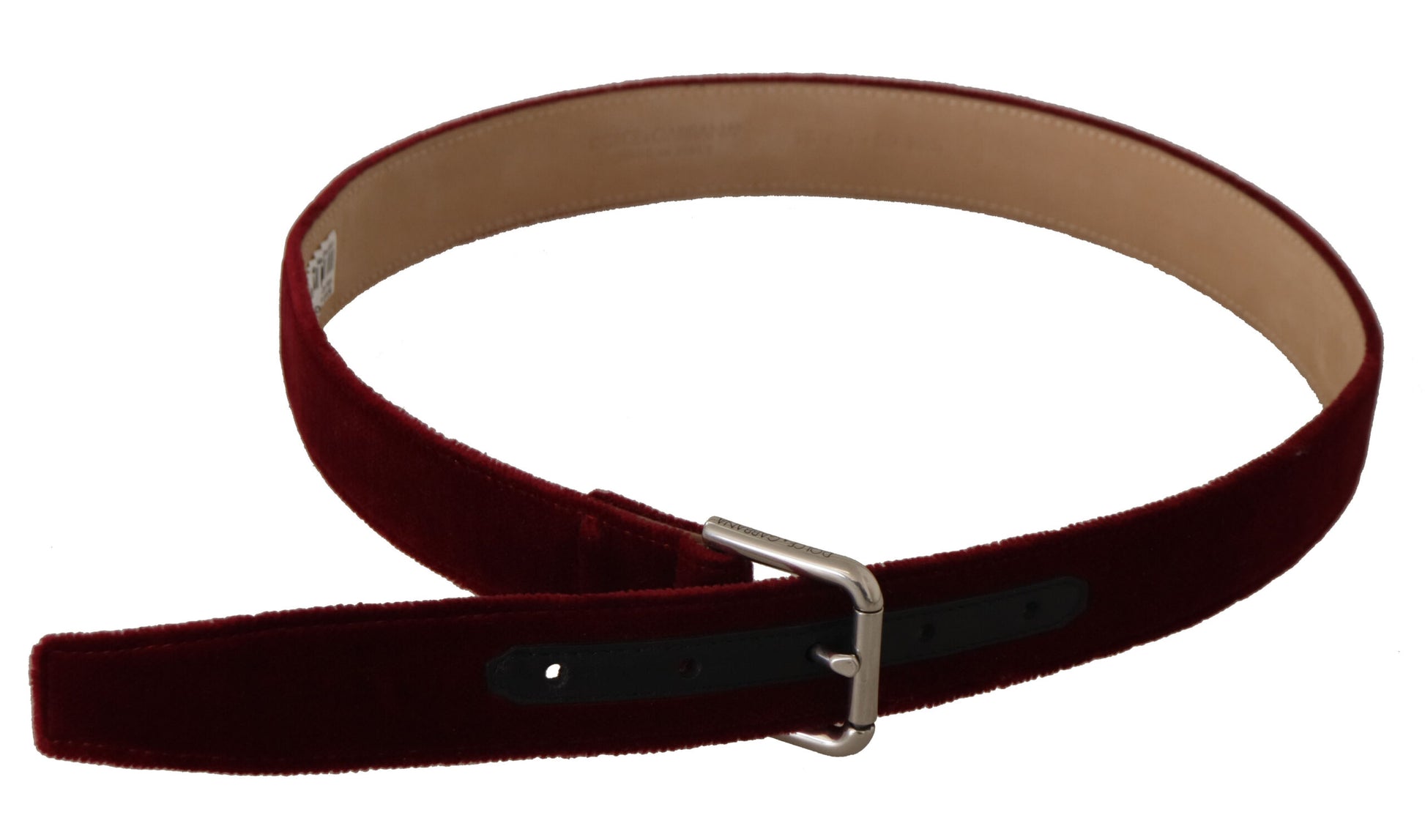 Dolce & Gabbana Red Velvet Silver Logo Engraved Metal Buckle Belt - Whispers Of Wisdom Clothing