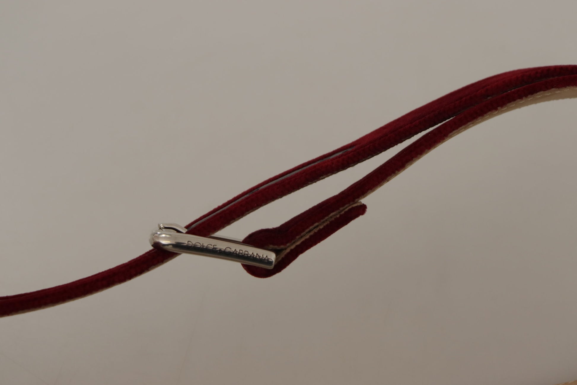 Dolce & Gabbana Red Velvet Silver Logo Engraved Metal Buckle Belt - Whispers Of Wisdom Clothing