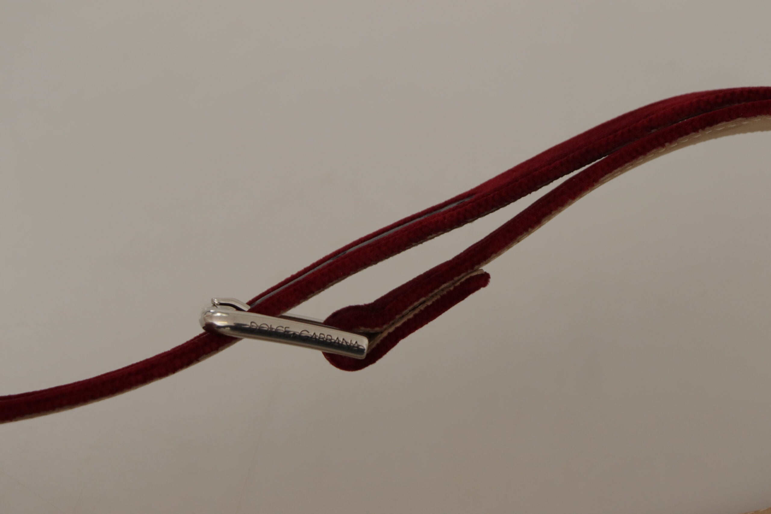 Dolce & Gabbana Red Velvet Silver Logo Engraved Metal Buckle Belt - Whispers Of Wisdom Clothing