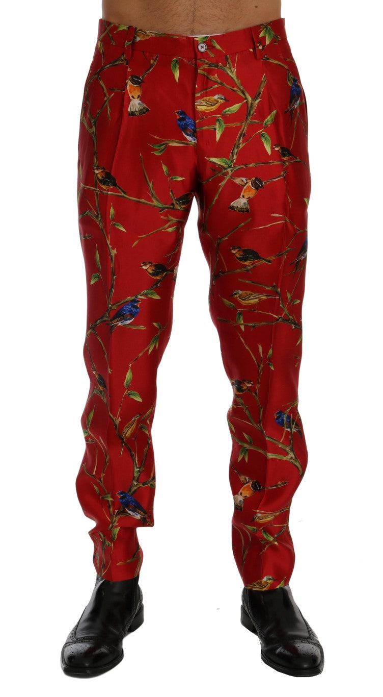 Dolce & Gabbana Red Silk Bird Print Dress Pants - Whispers Of Wisdom Clothing