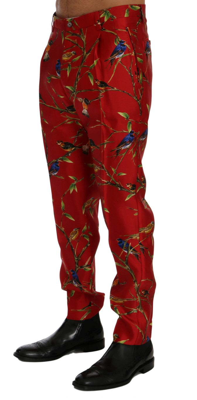 Dolce & Gabbana Red Silk Bird Print Dress Pants - Whispers Of Wisdom Clothing