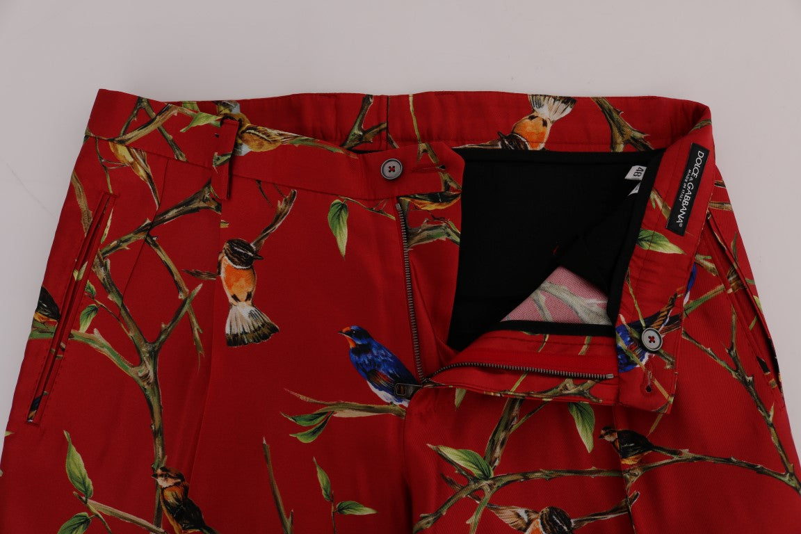 Dolce & Gabbana Red Silk Bird Print Dress Pants - Whispers Of Wisdom Clothing