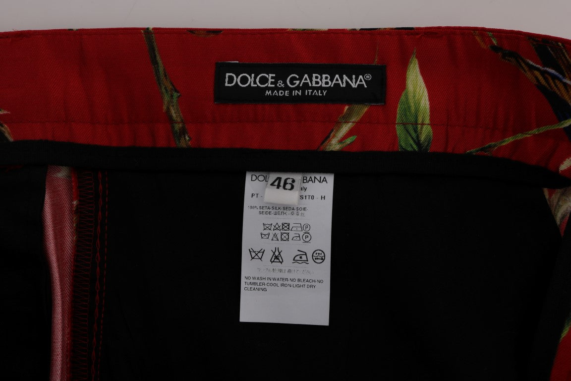 Dolce & Gabbana Red Silk Bird Print Dress Pants - Whispers Of Wisdom Clothing