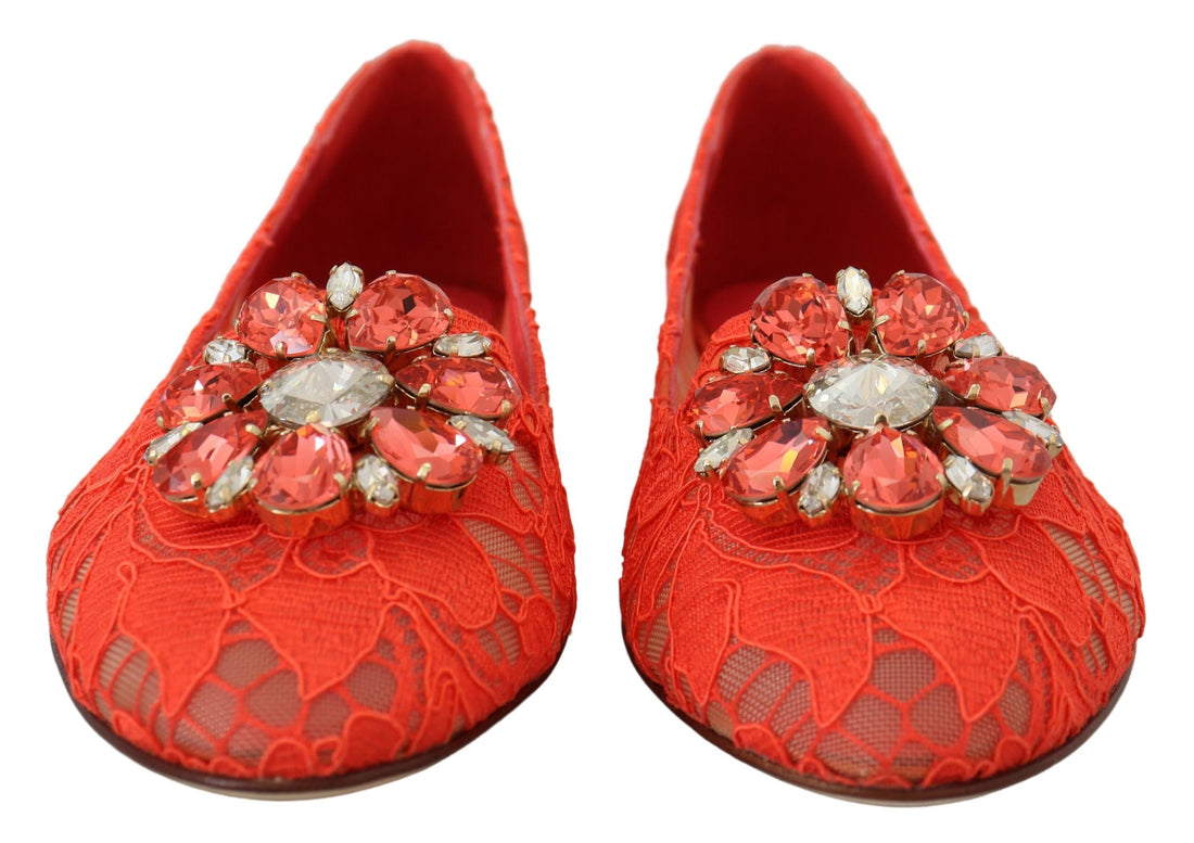 Dolce & Gabbana Red Taormina Lace Crystals Ballet Flats Shoes - Whispers Of Wisdom Clothing