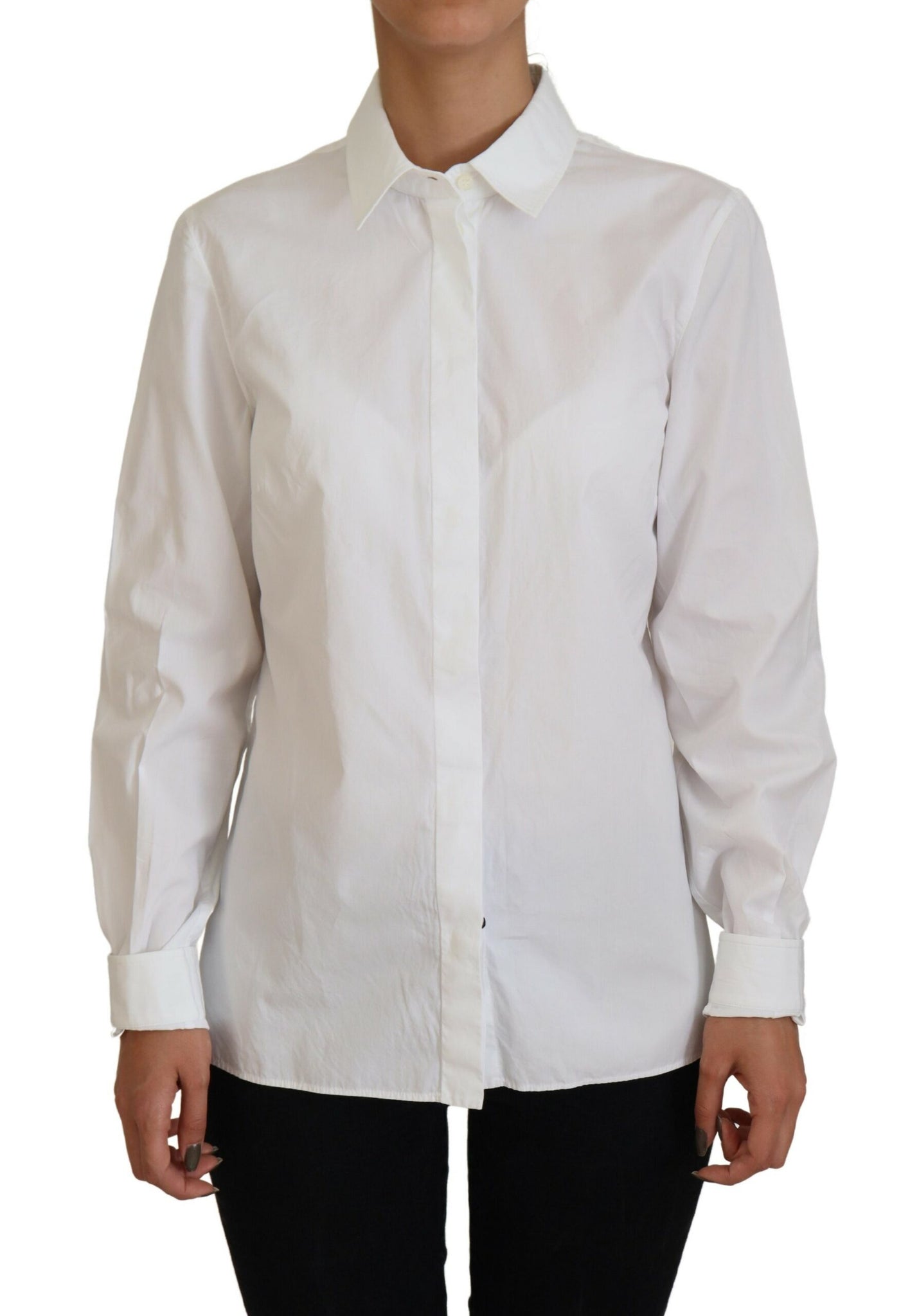 Dolce & Gabbana White Cotton Collared Long Sleeves Formal Top - Whispers Of Wisdom Clothing