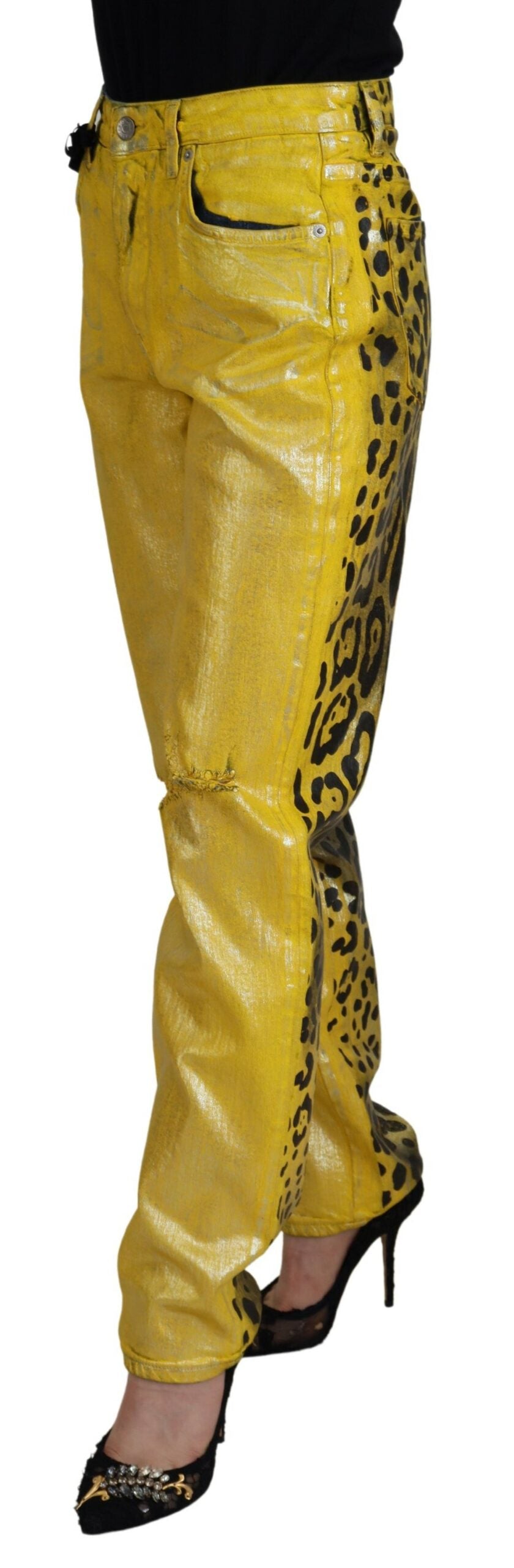 Dolce & Gabbana Yellow Leopard Cotton Straight Denim Jeans - Whispers Of Wisdom Clothing